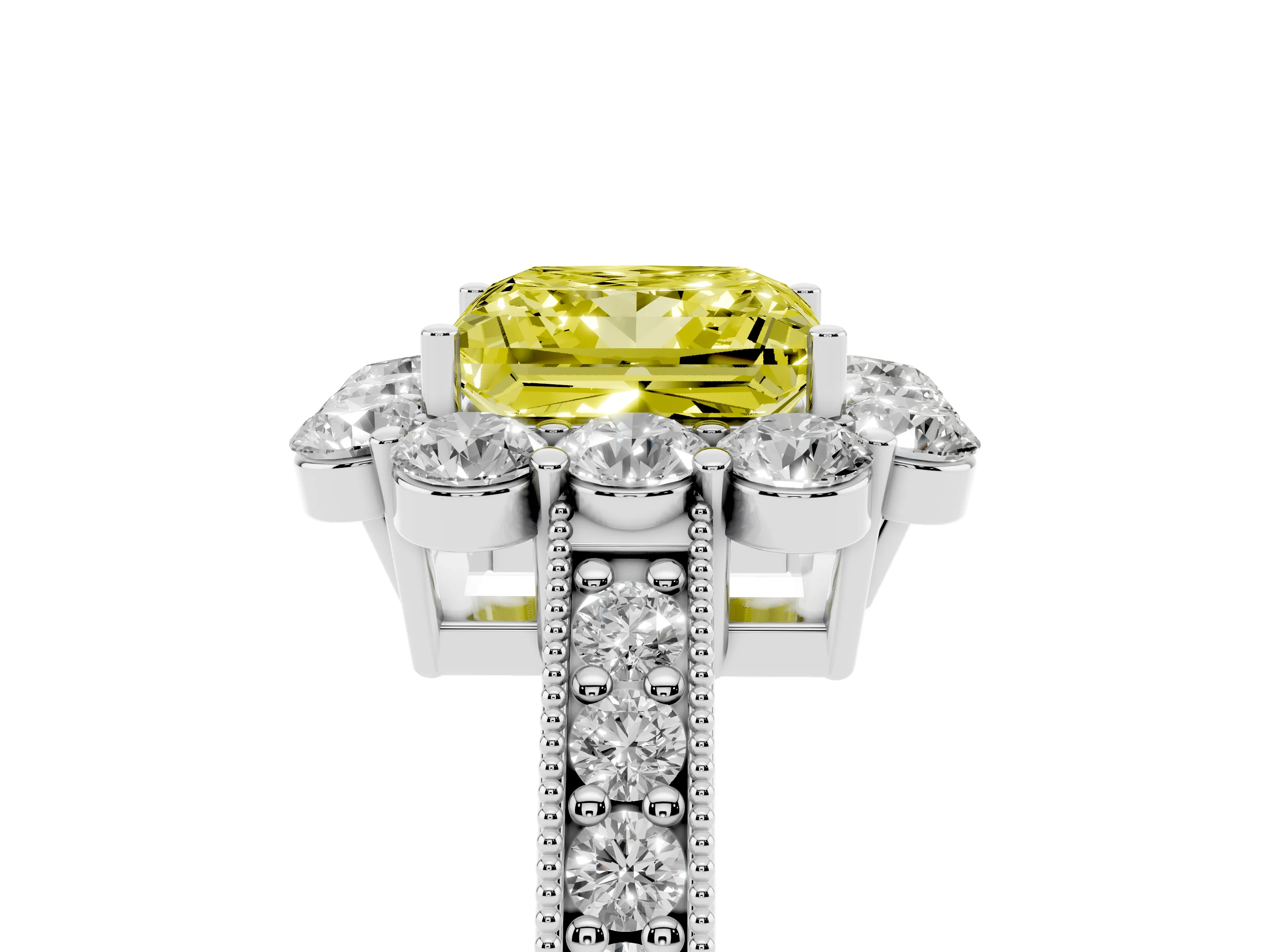 Fancy Yellow Princess Cut Diamond Halo Pavé Engagement Ring Set in White gold with Milgrain Detailing