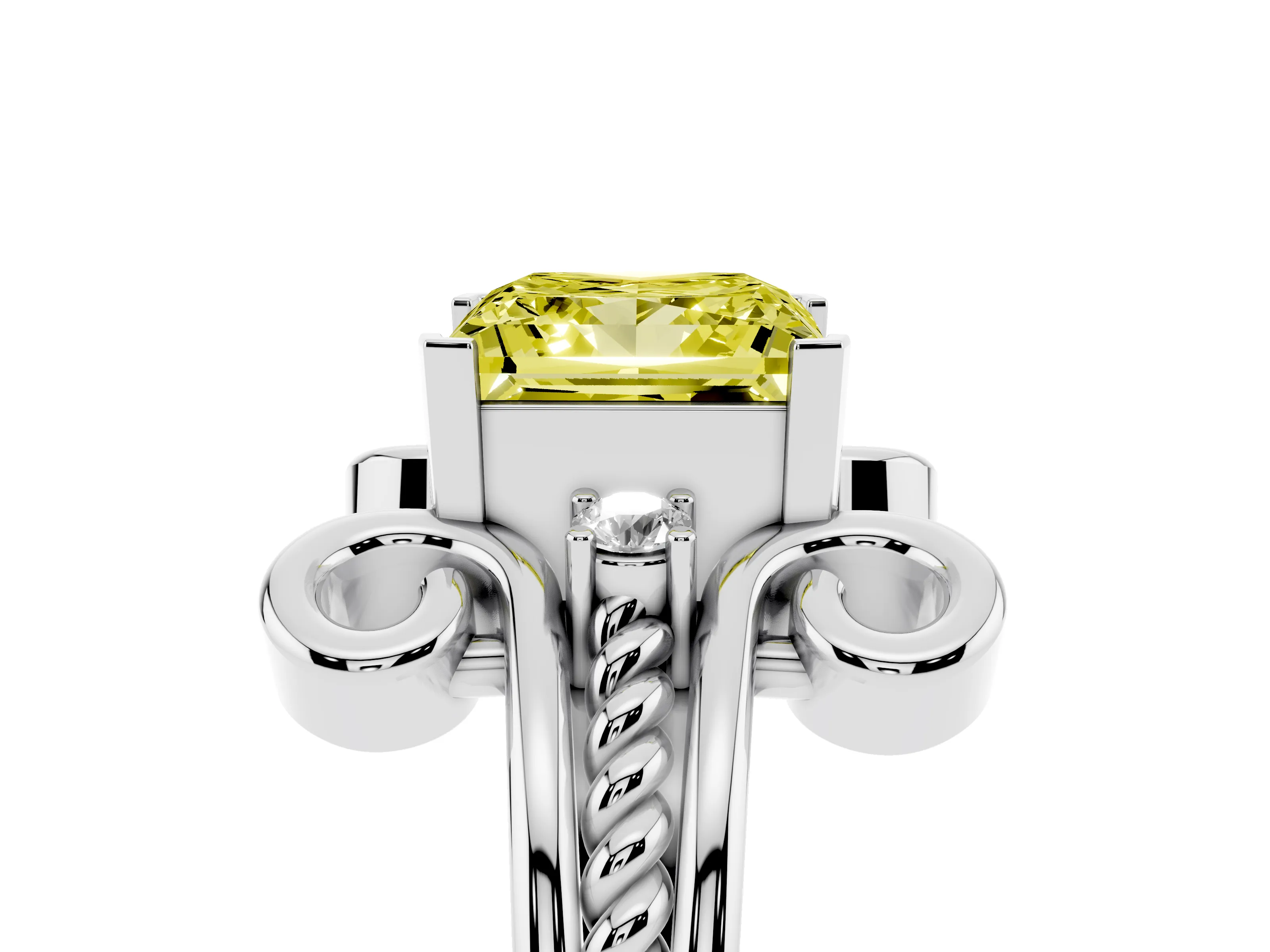 Fancy Yellow Princess Cut Diamond Twisted Band Solitaire Ring Set in White gold with Scroll Prongs