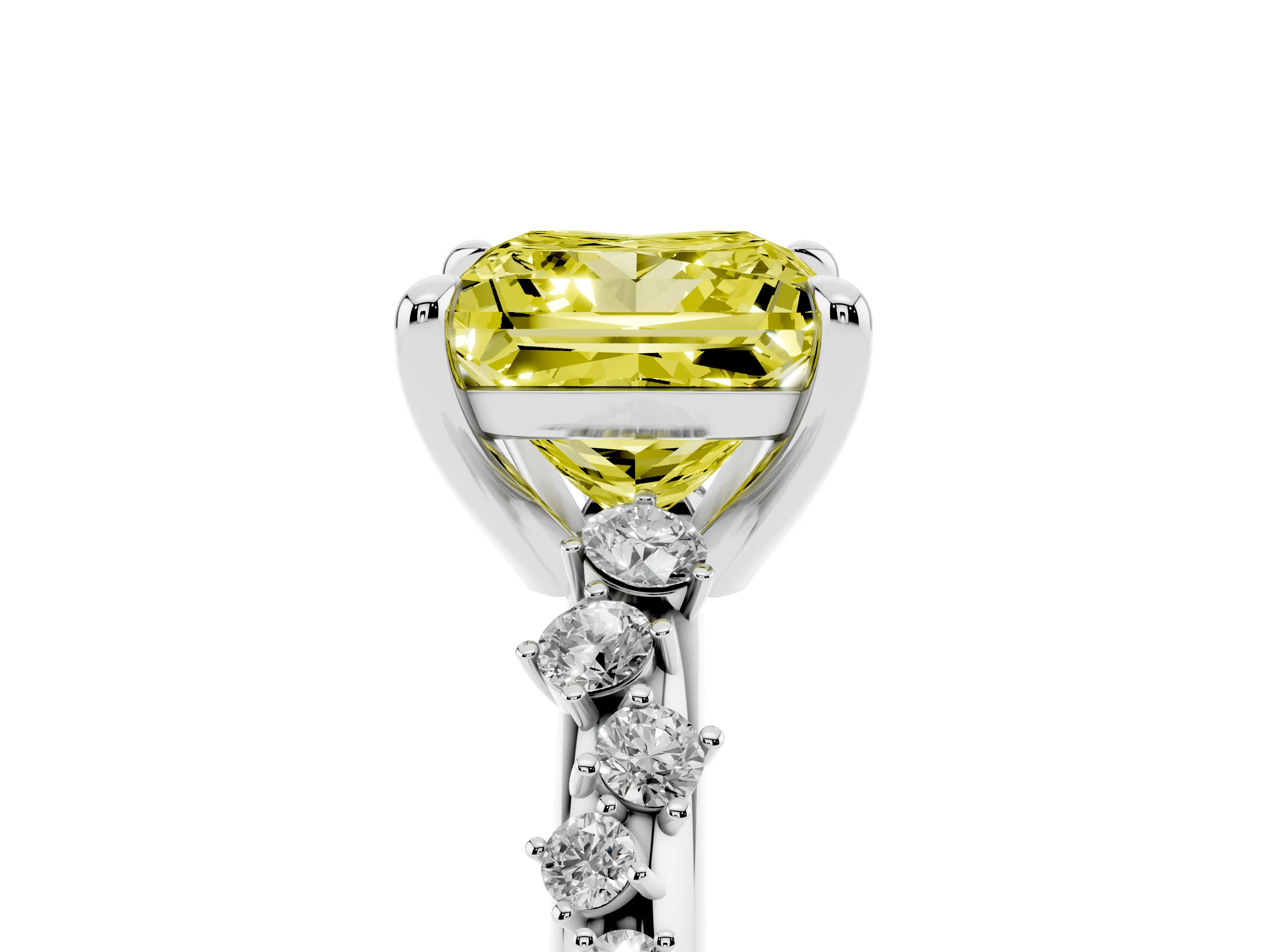 Fancy Yellow Princess Cut Diamond Solitaire Vine Band Ring Set in White gold with Round Accents and Prong Setting