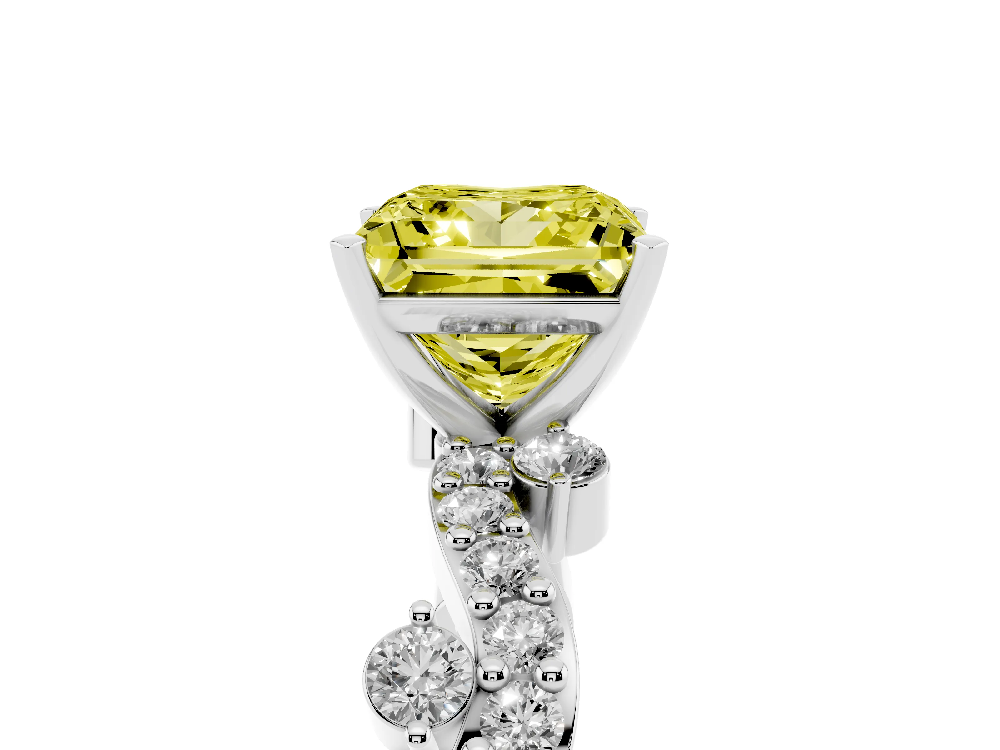 Fancy Yellow Princess Cut Diamond Solitaire Twisted Band Set in White gold with Pavé Setting