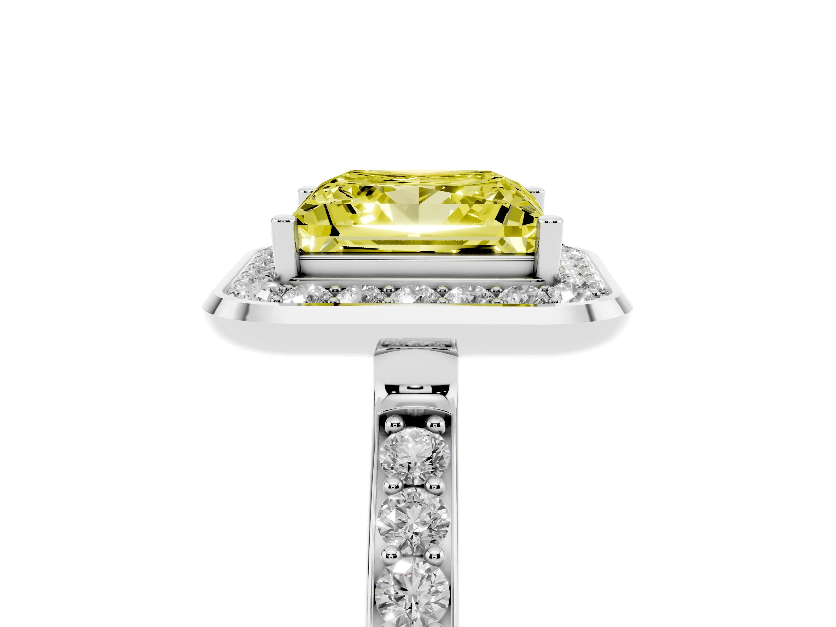 Fancy Yellow Princess Cut Diamond Halo Ring Set in White gold with Bezel Frame and Pavé Band