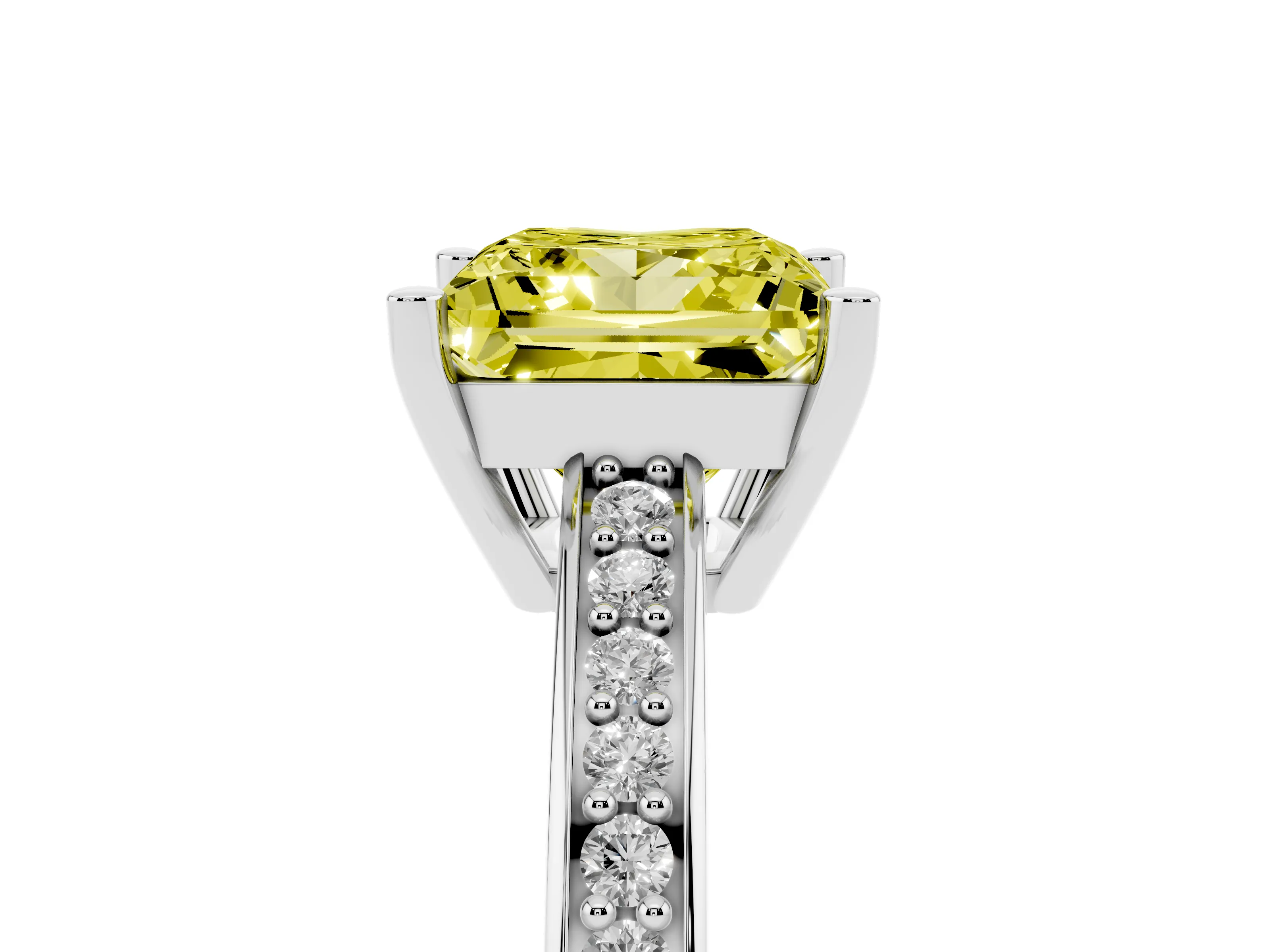 Fancy Yellow Princess Cut Diamond Pavé Band Prong Set Solitaire Ring Set in Platinum
