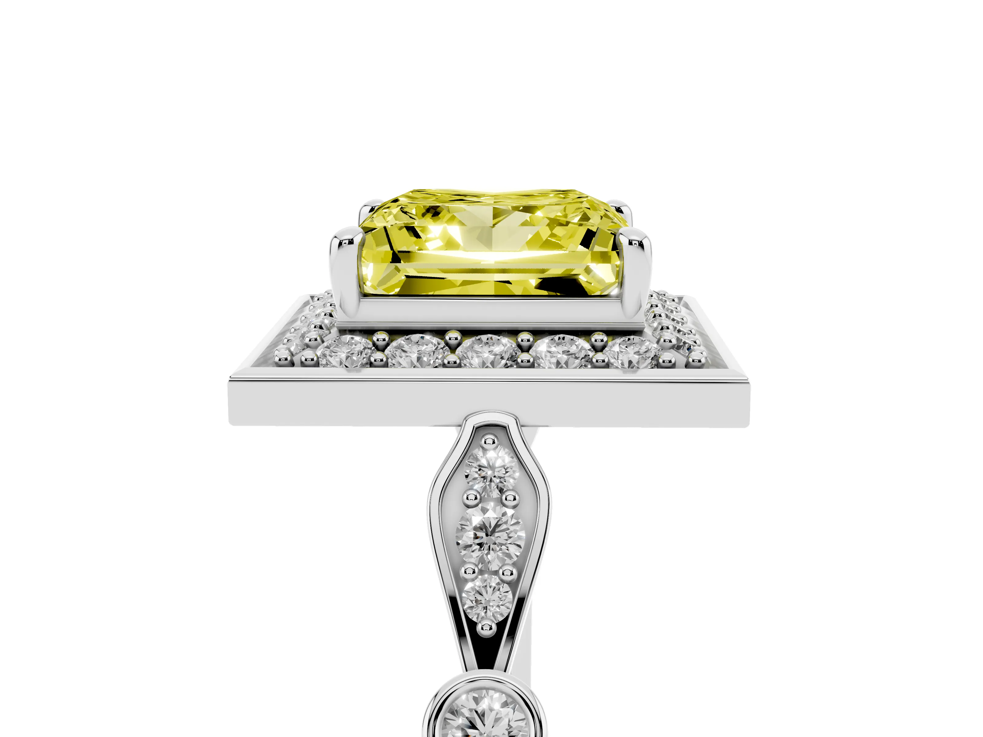 Fancy Yellow Princess Cut Diamond Halo Engagement Ring Set in Platinum with Twisted Band and Prong Setting
