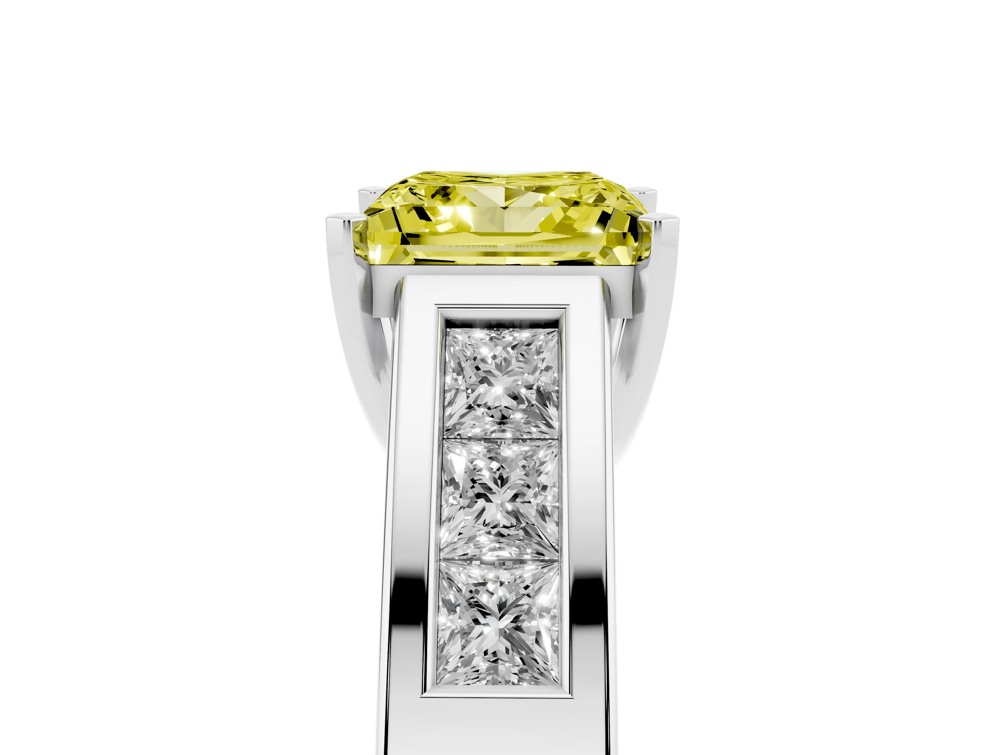 Fancy Yellow Princess Cut Diamond Solitaire Ring Set in Silver with Channel-Set Accent Stones and Prong Setting