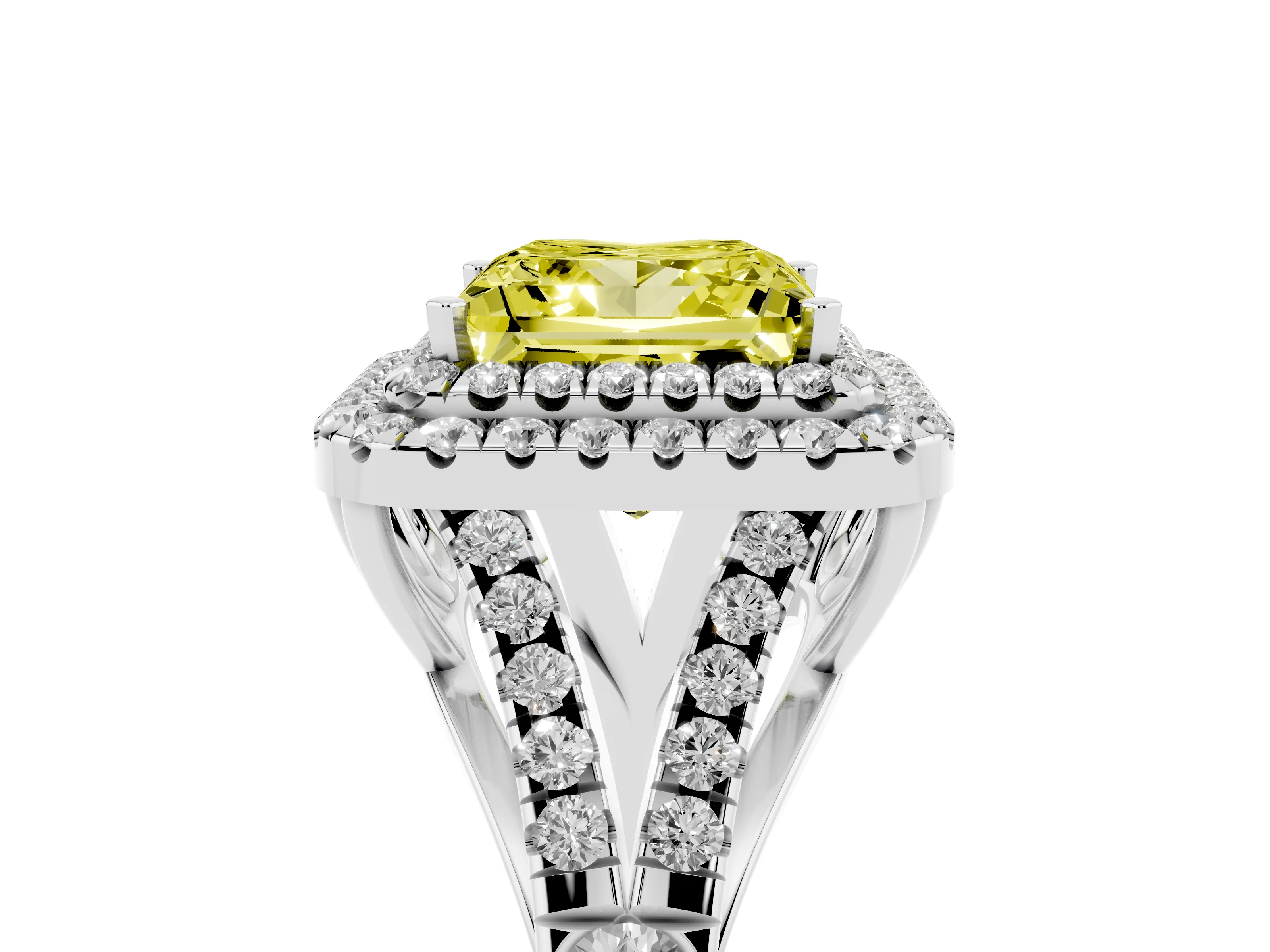 Fancy Yellow Princess Cut Diamond Pavé Split Shank Double Halo Engagement Ring Set in Platinum