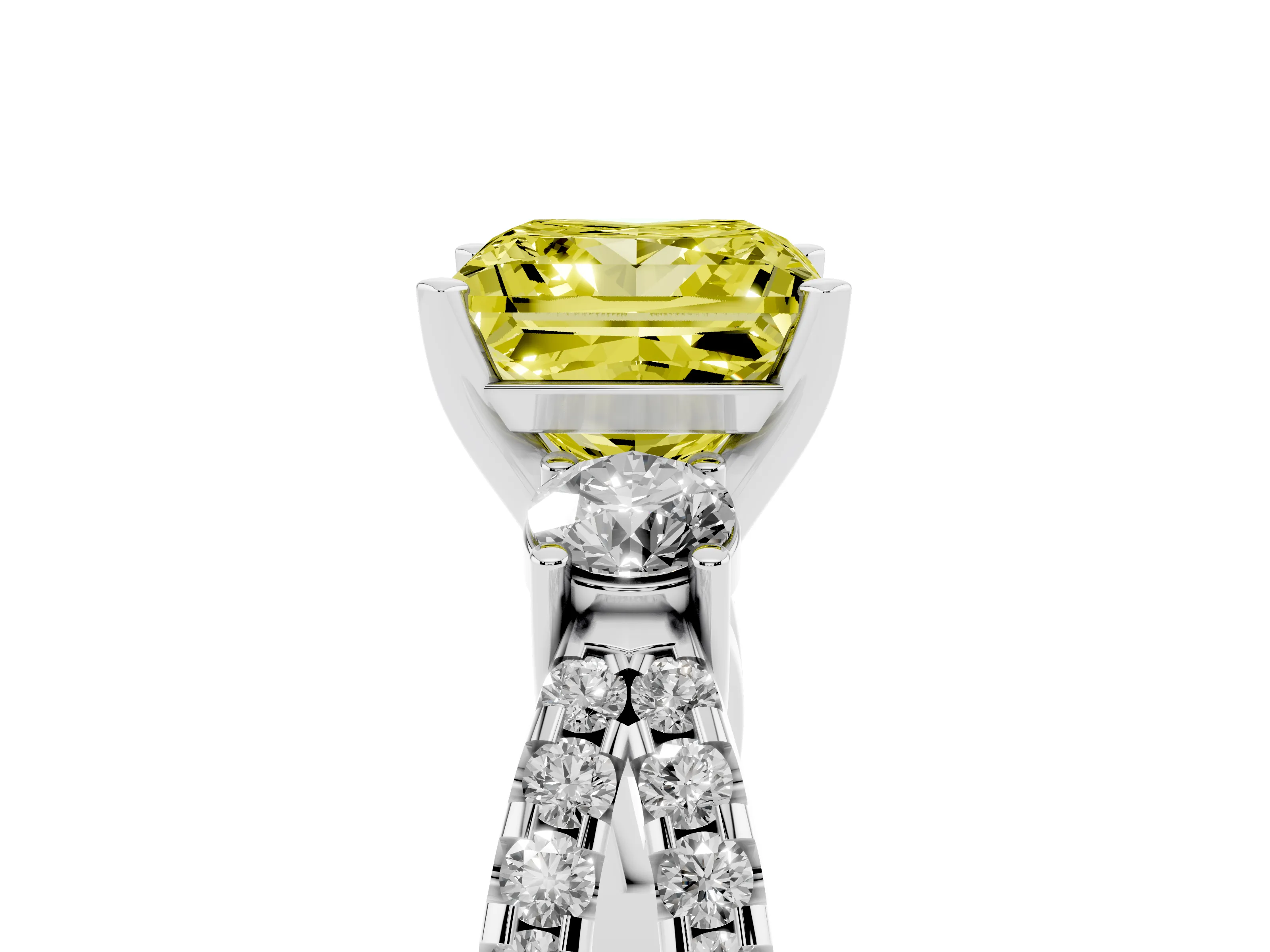 Fancy Yellow Princess Cut Diamond Three-Stone Ring Set in White gold with Pavé Split Shank and Prong Setting