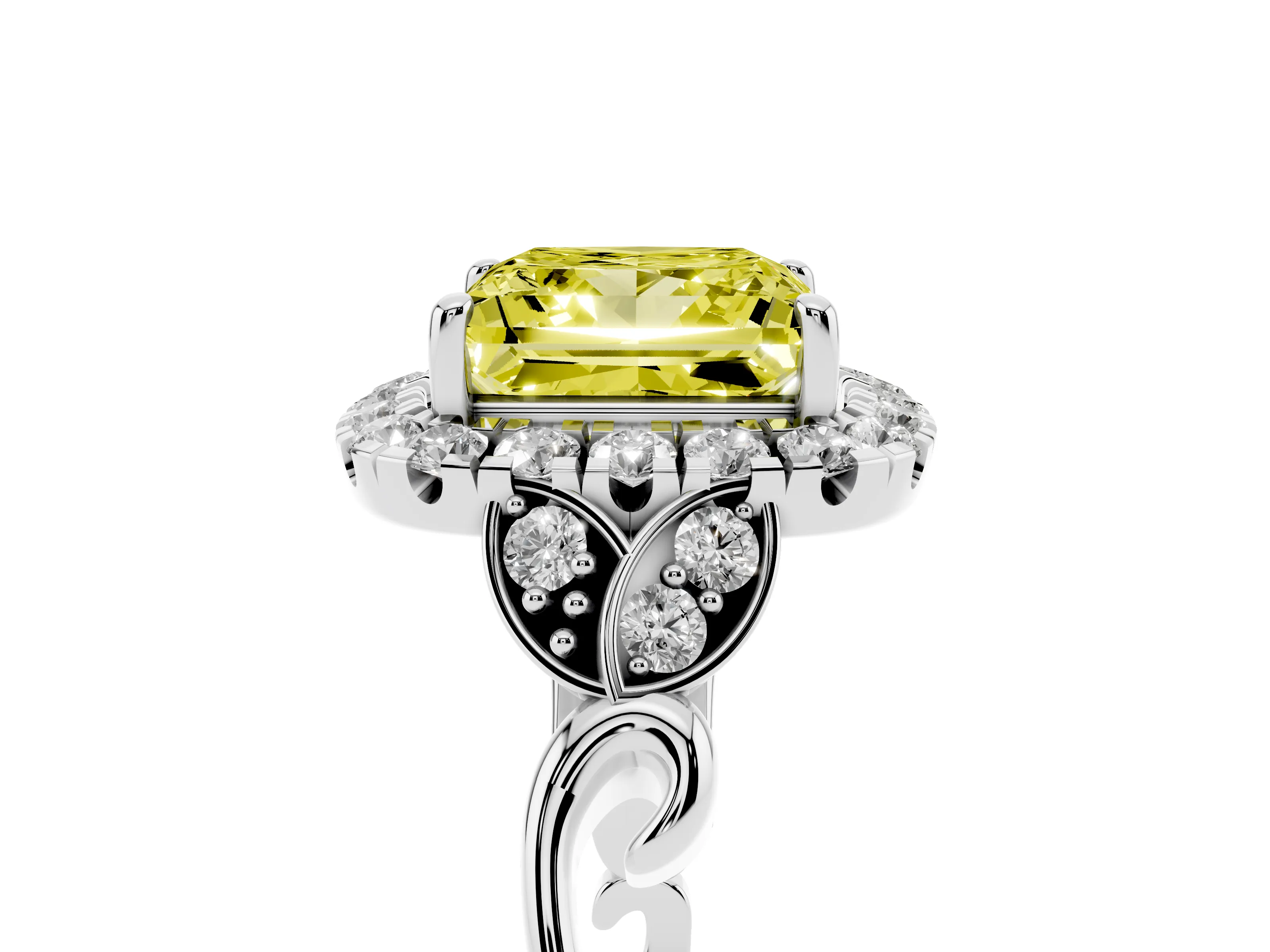 Fancy Yellow Princess Cut Diamond Halo Engagement Ring Set in Platinum with Vintage-Inspired Band and Prong Setting