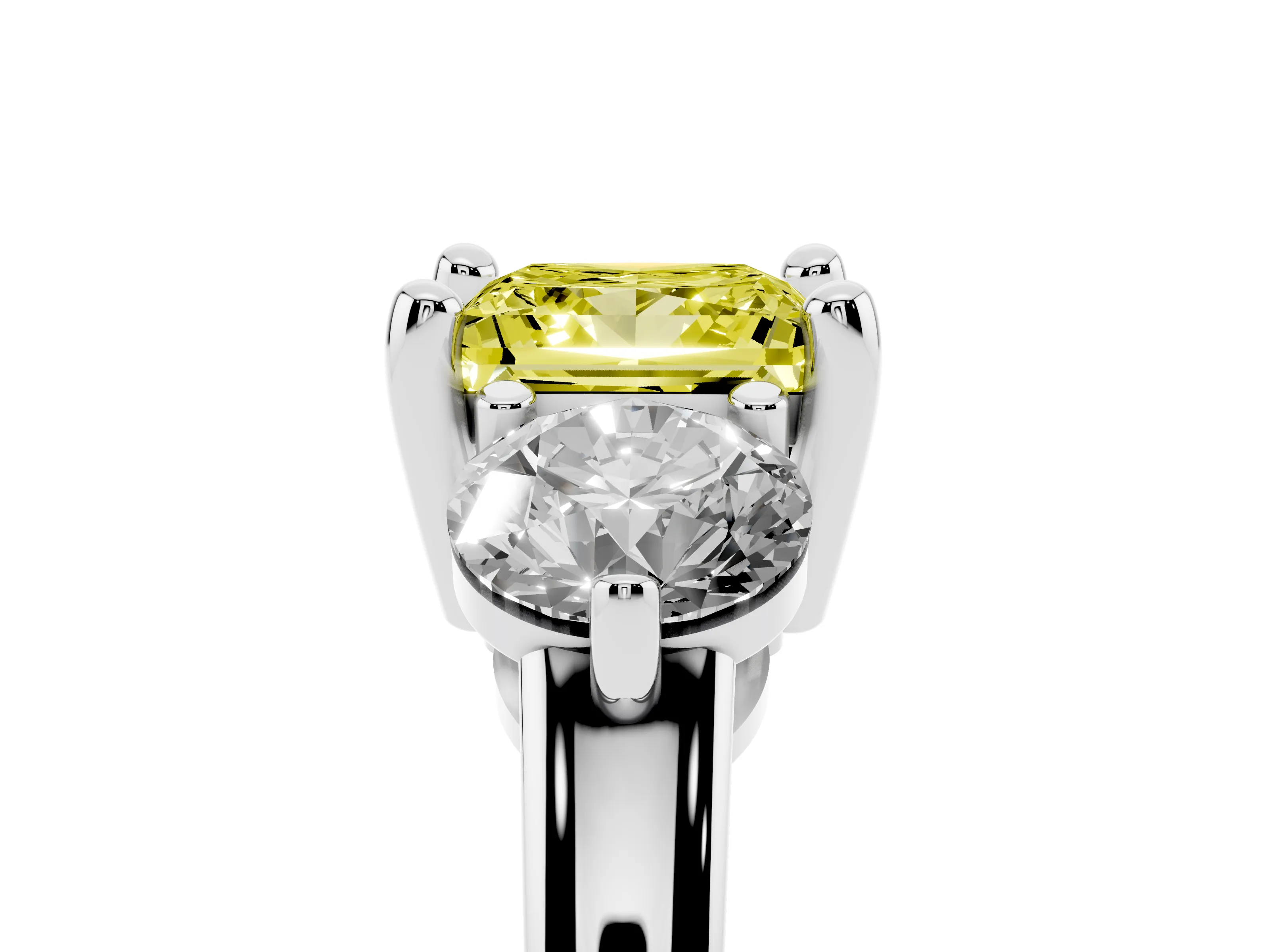 Fancy Yellow Princess Cut Diamond Three-Stone Ring Set in White gold with Prong Setting and Classic Band