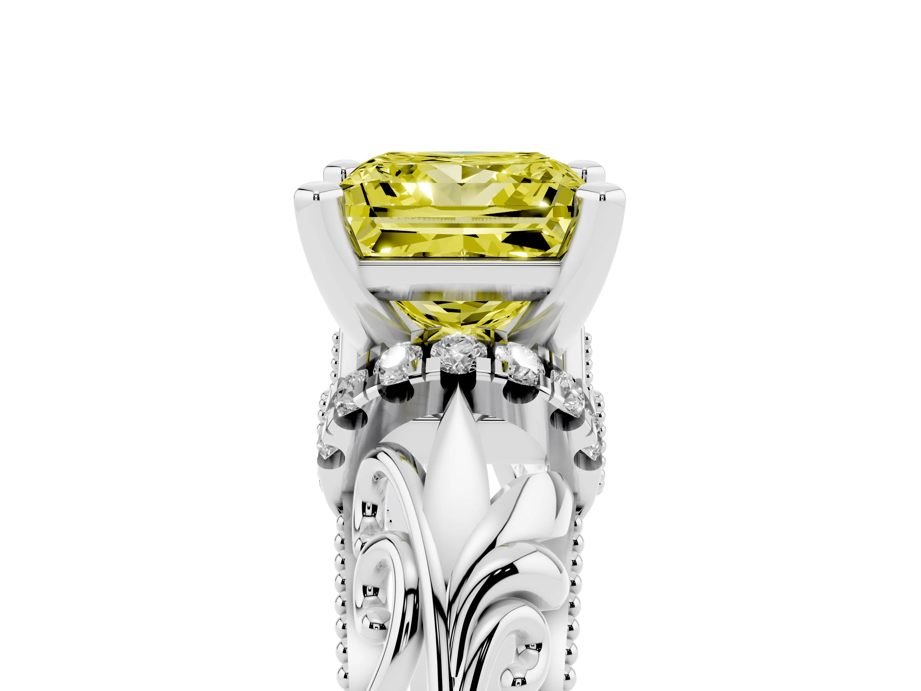 Fancy Yellow Princess Cut Diamond Filigree Halo Engagement Ring Set in White gold with Prong Setting