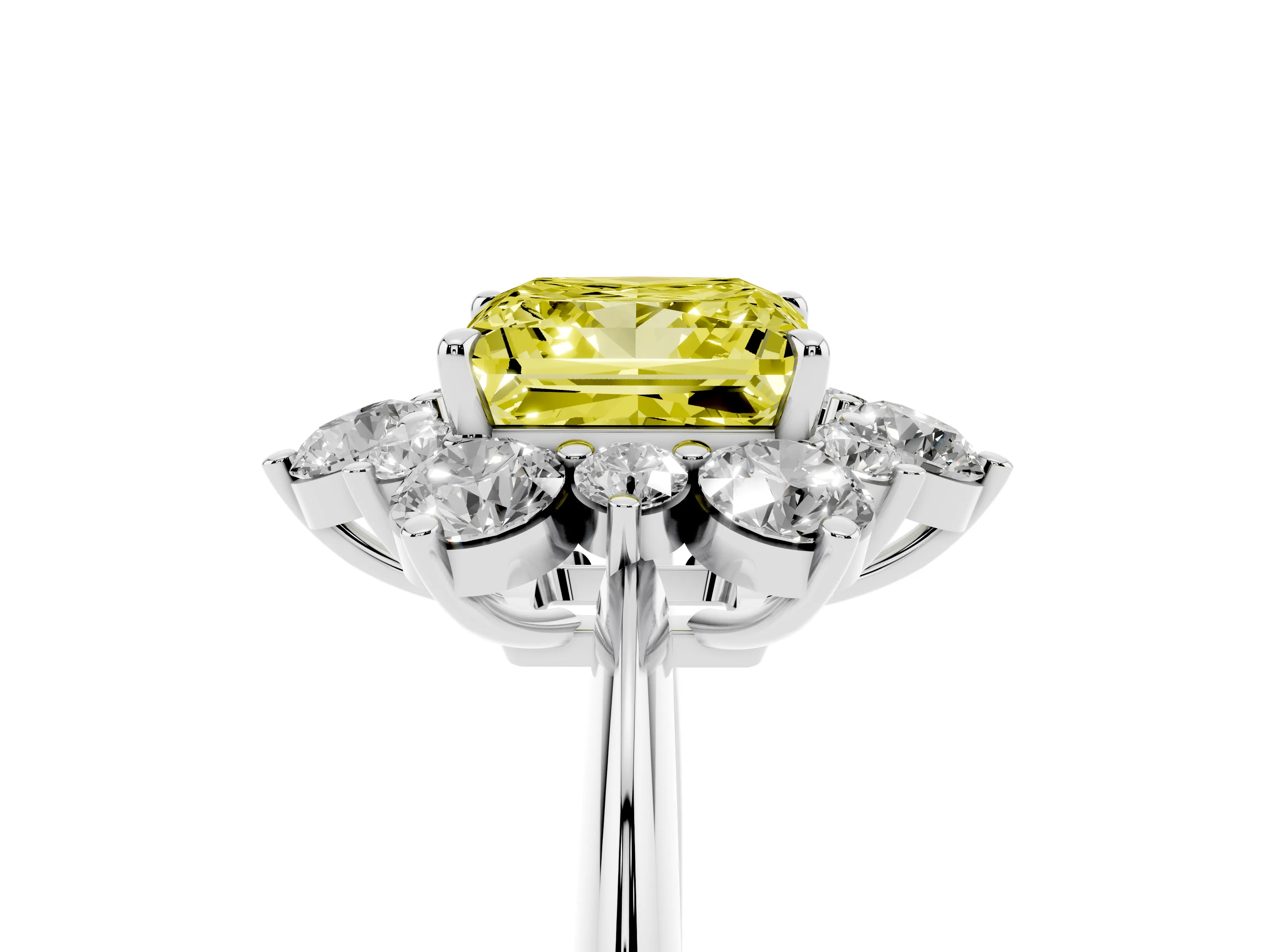 Fancy Yellow Princess Cut Diamond Cluster Halo Ring Set in Silver with Solitaire Band and Prong Setting