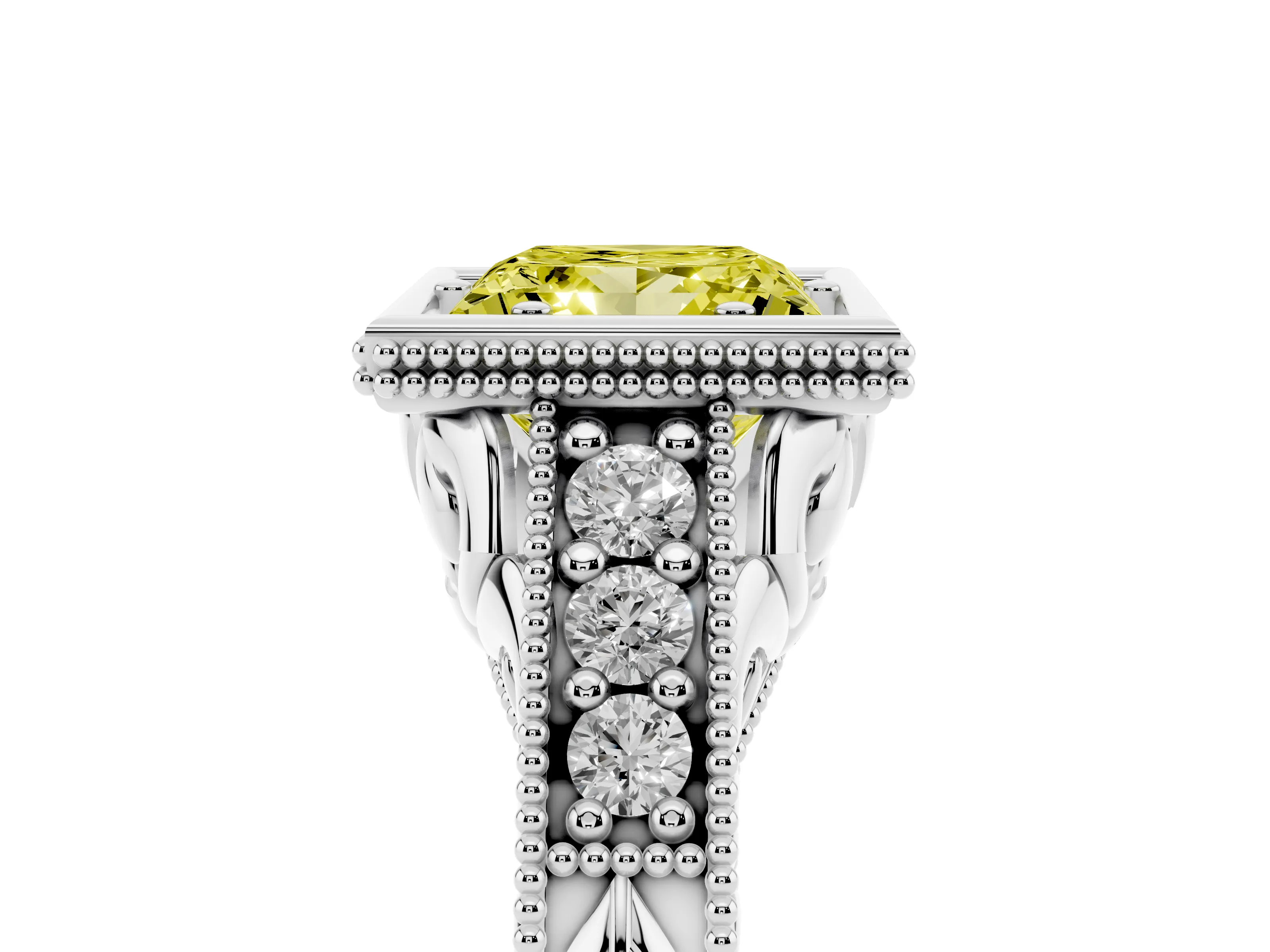 Fancy Yellow Bezel Set Princess Cut Diamond Milgrain Pavé Engagement Ring Set in Platinum