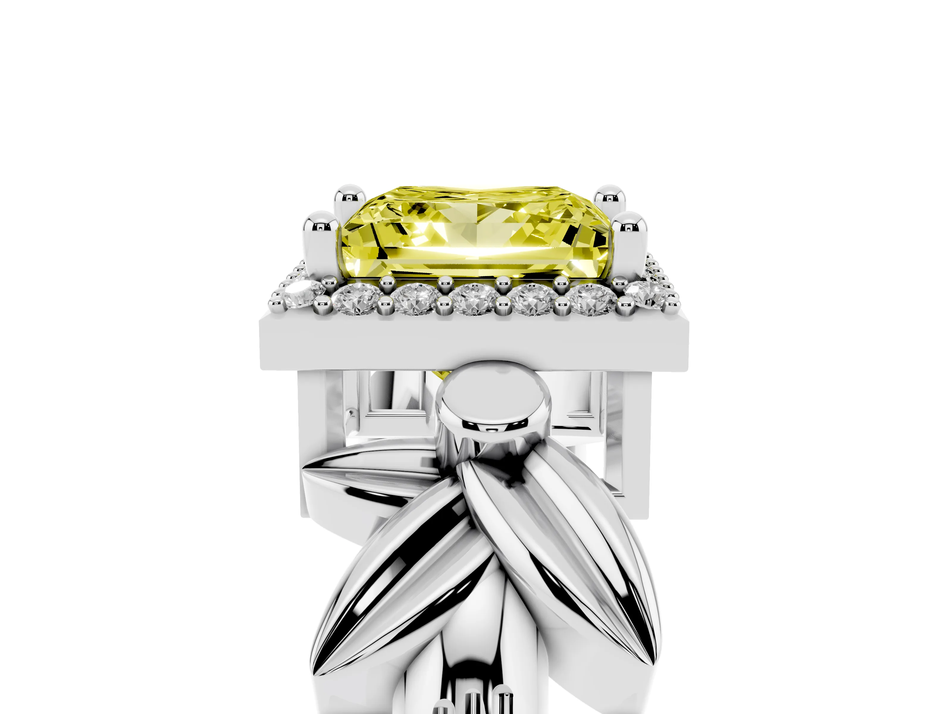 Fancy Yellow Princess Cut Diamond Halo Floral Band Ring Set in Silver with Prong Setting