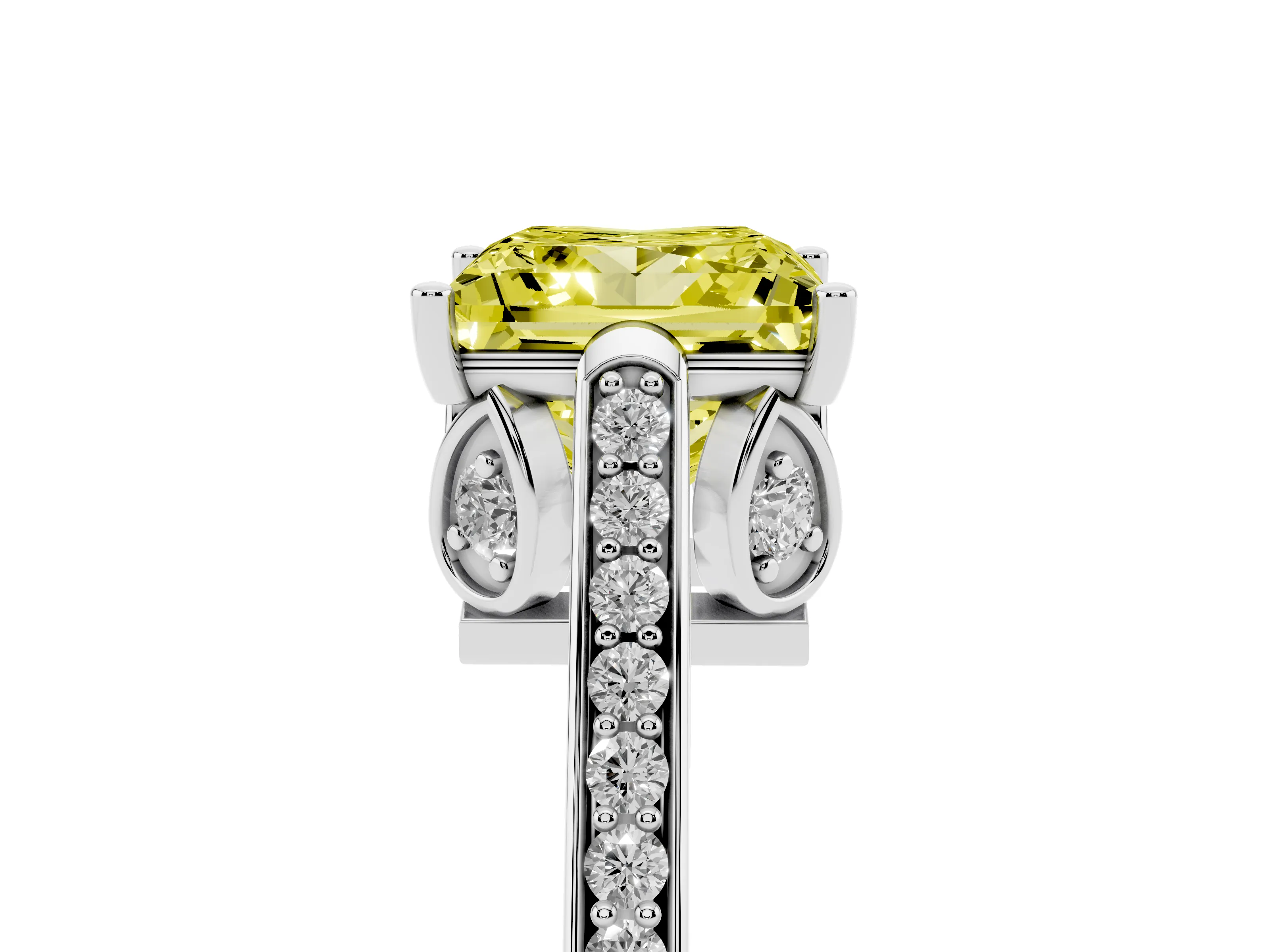 Fancy Yellow Princess Cut Diamond Cathedral Pavé Engagement Ring Set in White gold with Prong Setting