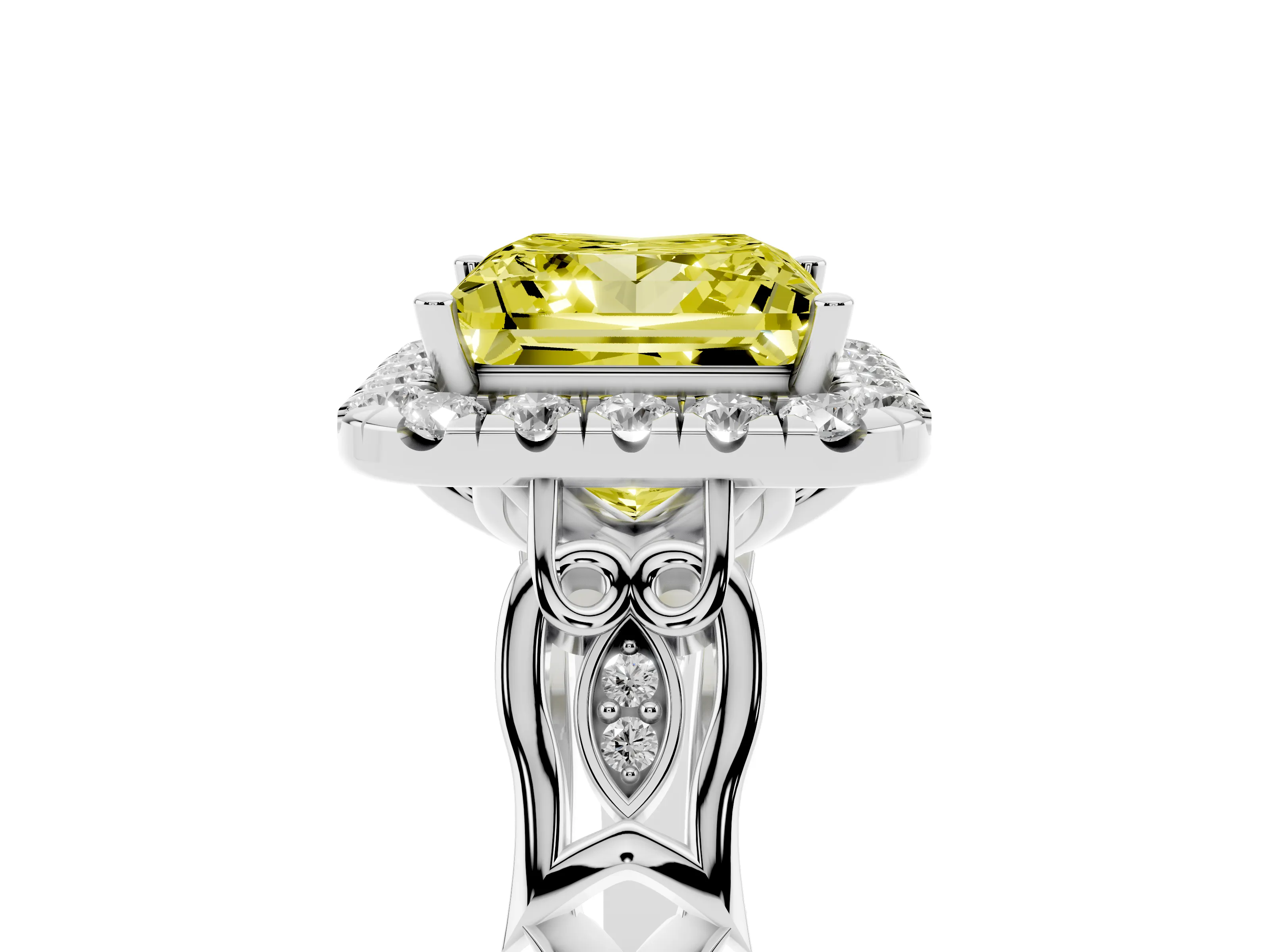 Fancy Yellow Princess Cut Diamond Halo Engagement Ring Set in White gold with Filigree Band and Prong-Set Center