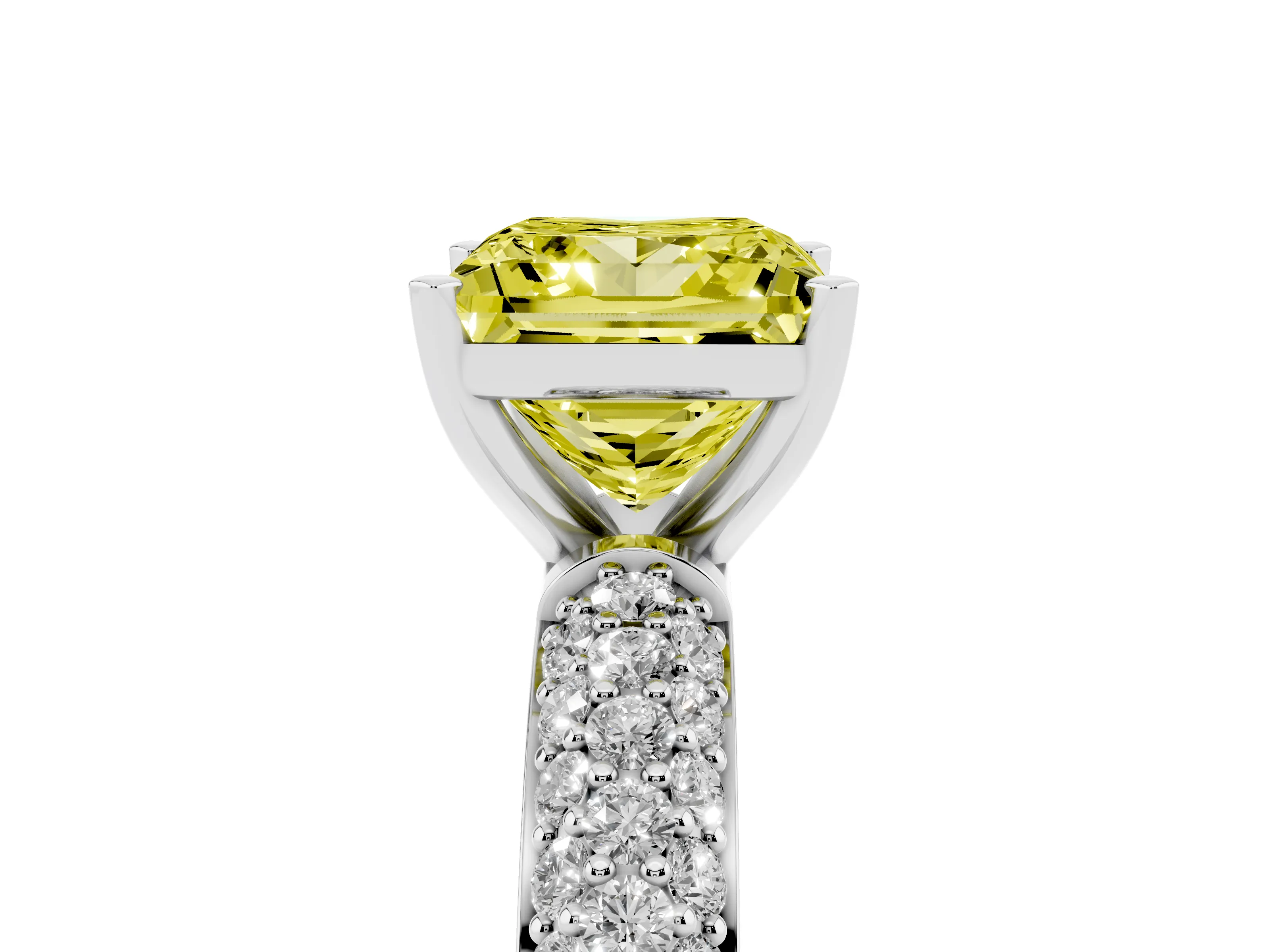 Fancy Yellow Princess Cut Diamond Solitaire Ring Set in Platinum with Prong Setting and Pavé-Set Band