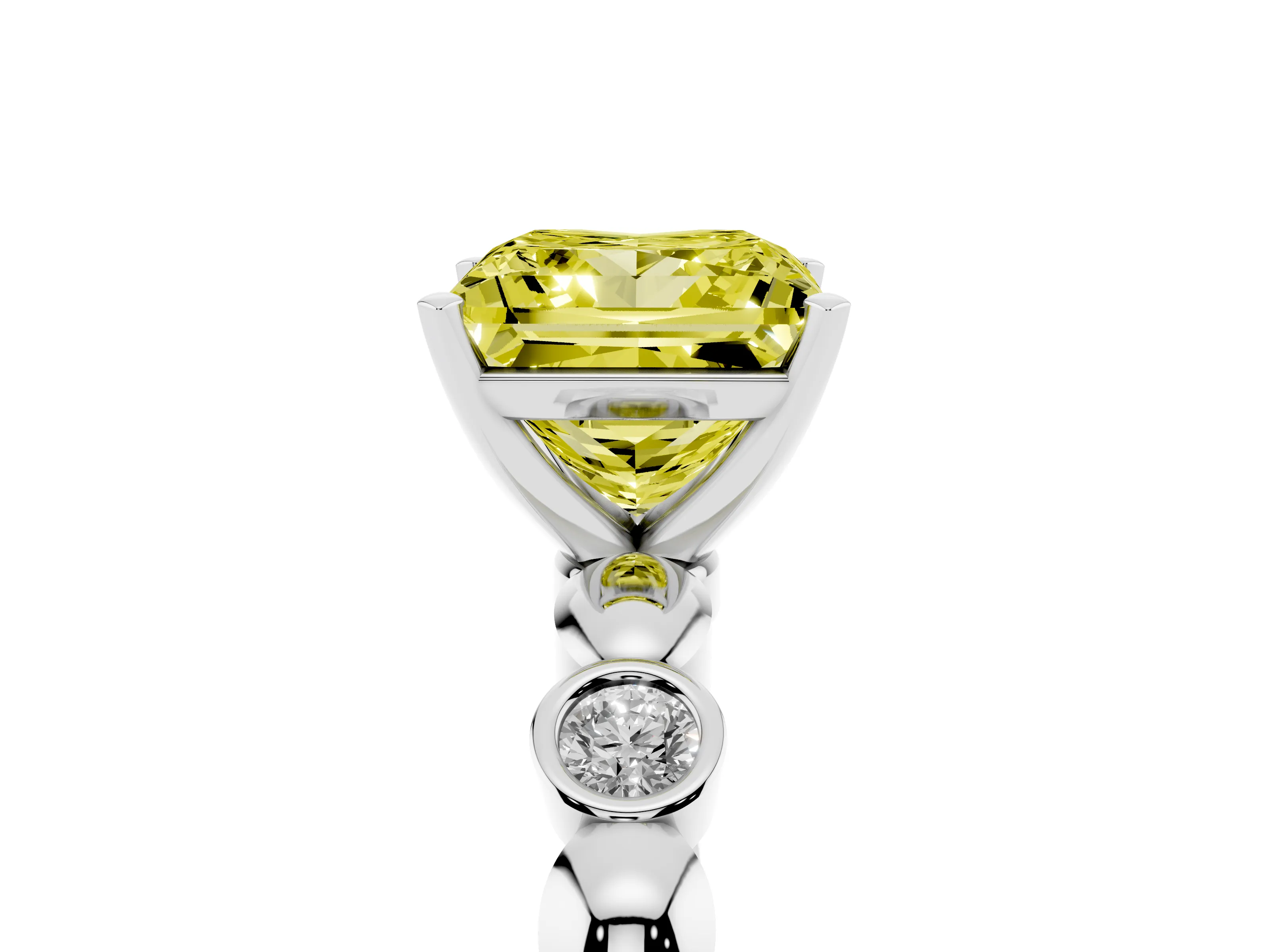 Fancy Yellow Princess Cut Diamond Solitaire Ring Set in Platinum with Bezel-Set Accents on Beaded Band and Prong Setting