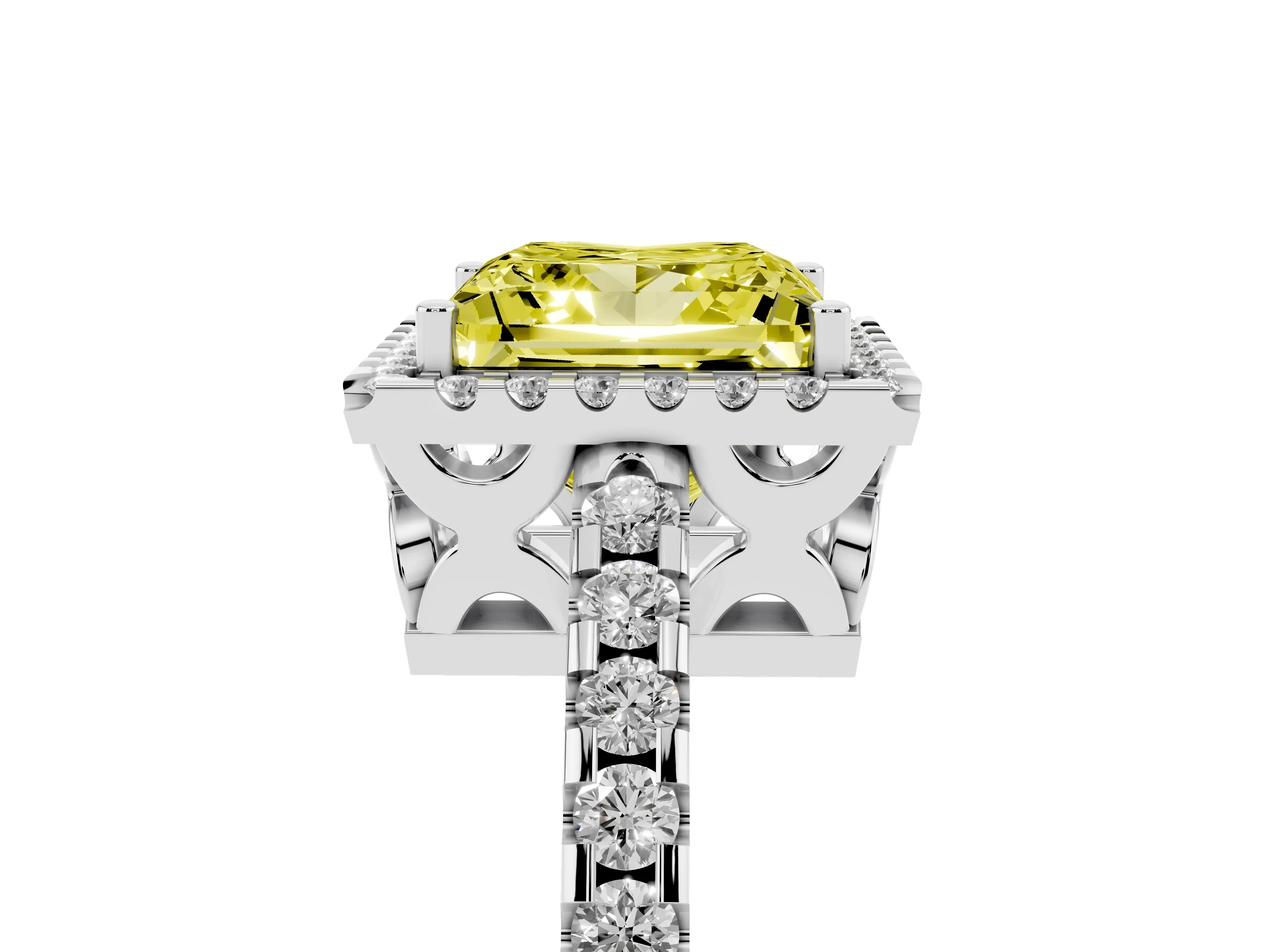 Fancy Yellow Princess Cut Diamond Halo Ring Set in White gold with Pavé Shoulders and Halo-Framed Center