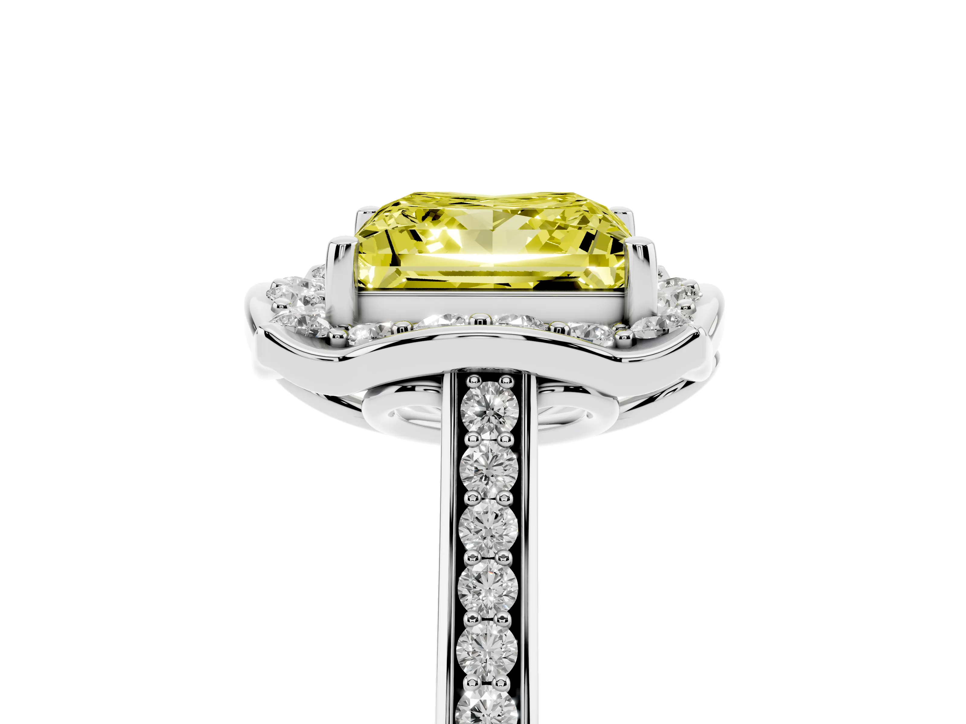 Fancy Yellow Princess Cut Diamond Halo Ring Set in White gold with Pavé-Lined Shoulders and Prong Setting