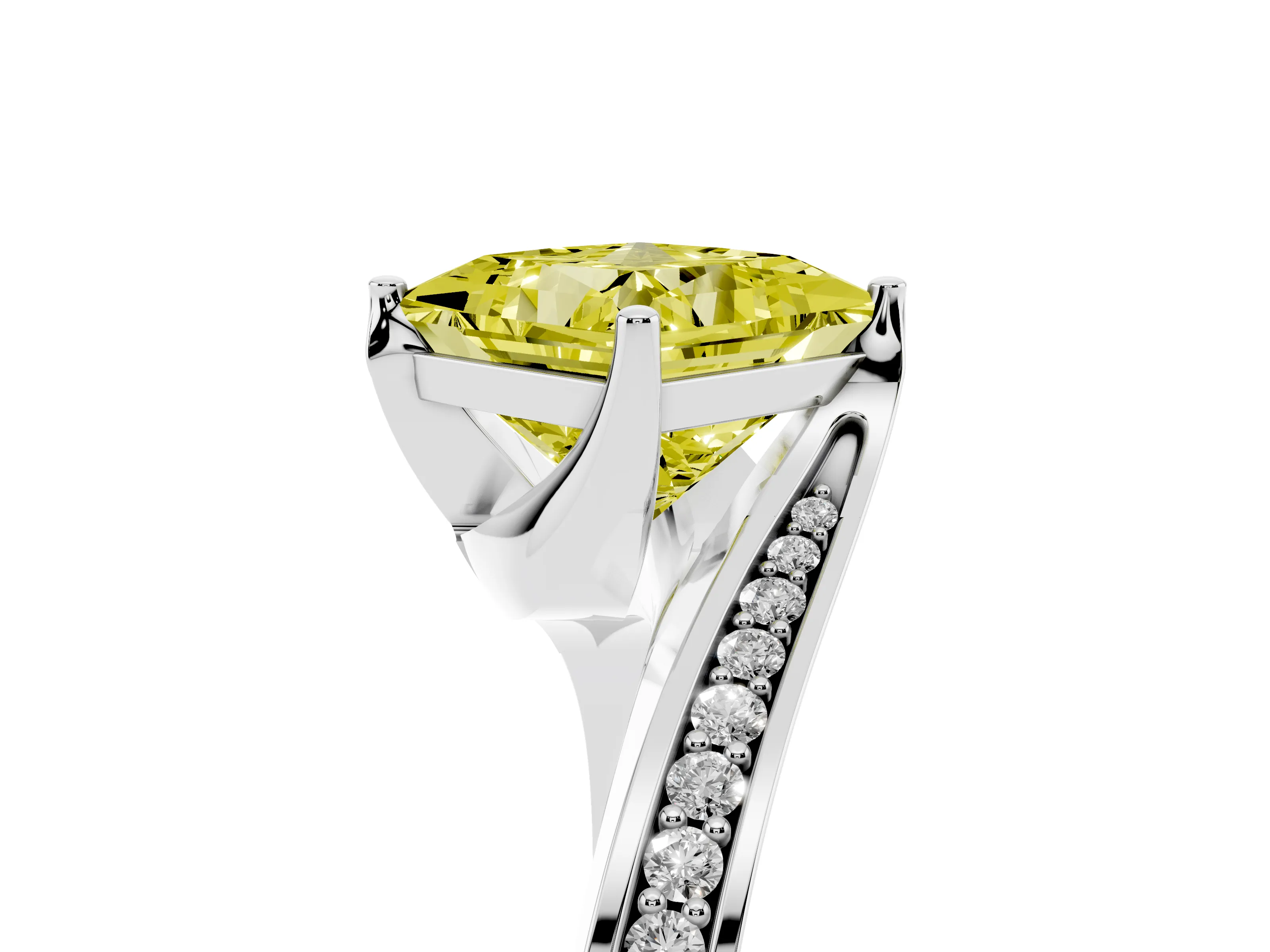 Fancy Yellow Princess Cut Diamond Solitaire Ring Set in Platinum with Intertwined Pavé Twist Band