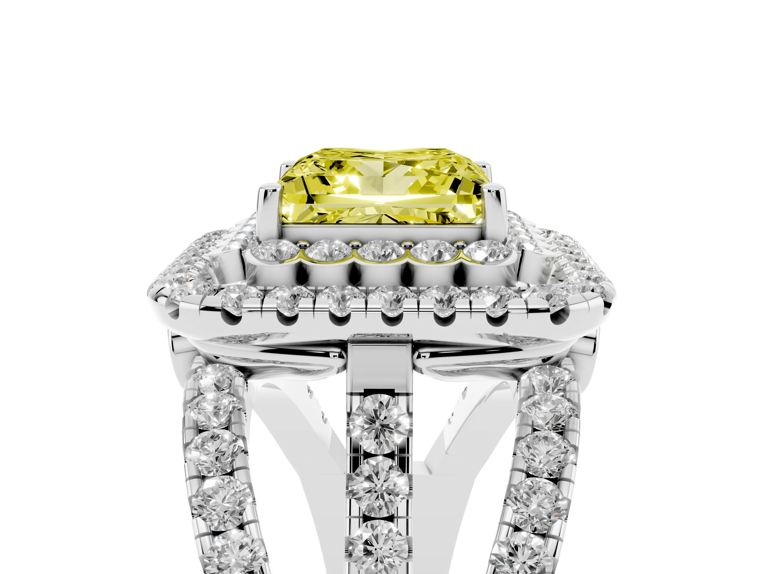 Fancy Yellow Princess Cut Diamond Double Halo Ring Set in White gold with Round Pavé Split Shank