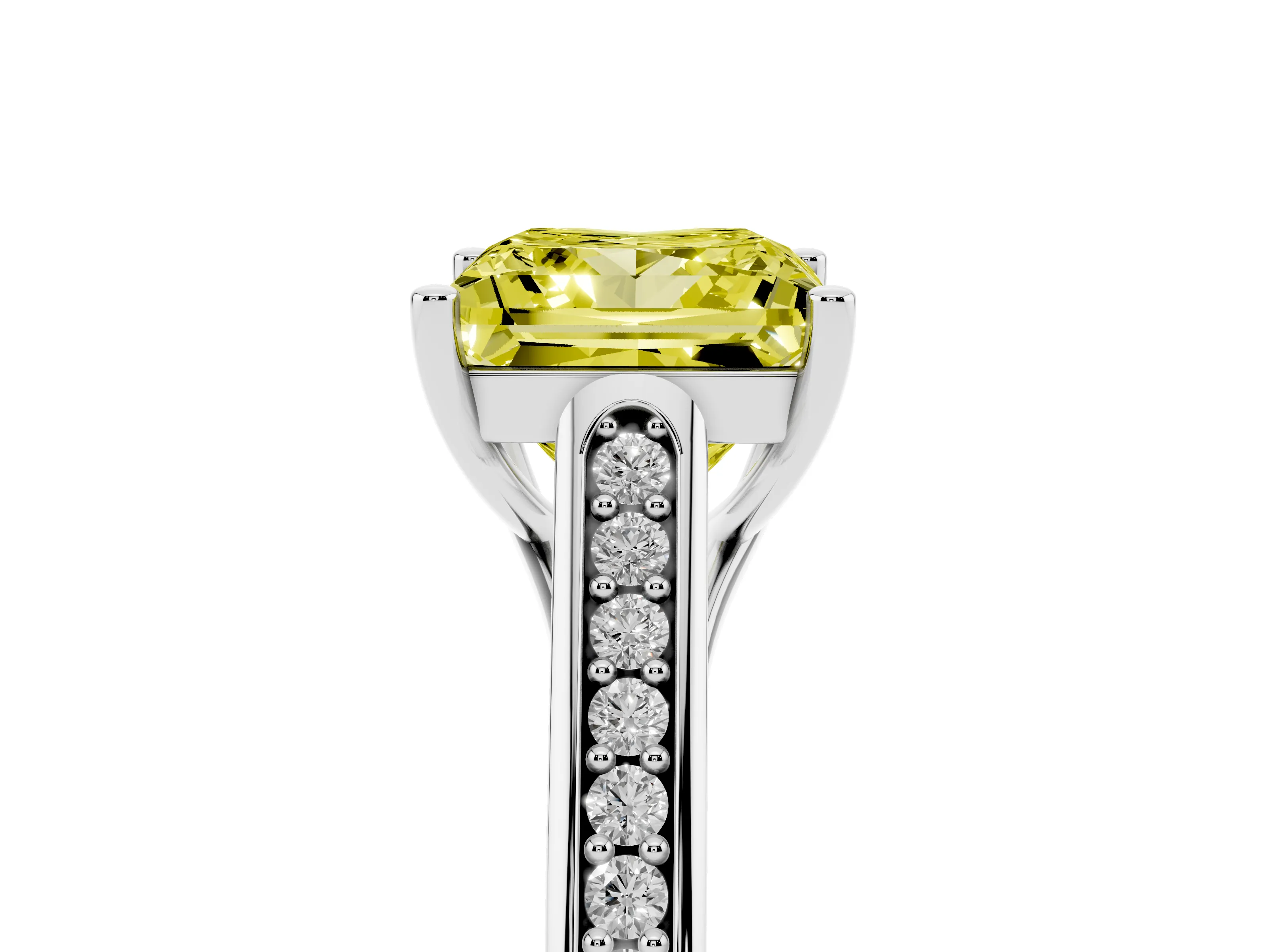Fancy Yellow Princess Cut Diamond Solitaire Cathedral Engagement Ring Set in Platinum with Channel-Set Band and Prong Setting