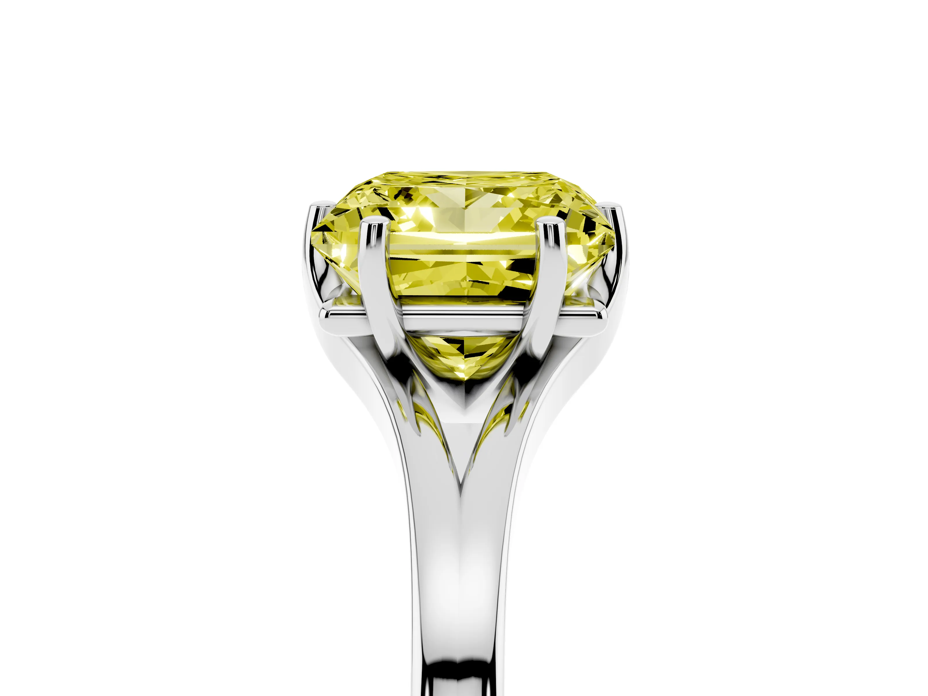 Fancy Yellow Princess Cut Diamond Solitaire Ring Set in White gold with Polished Tapered Band and Prong Setting