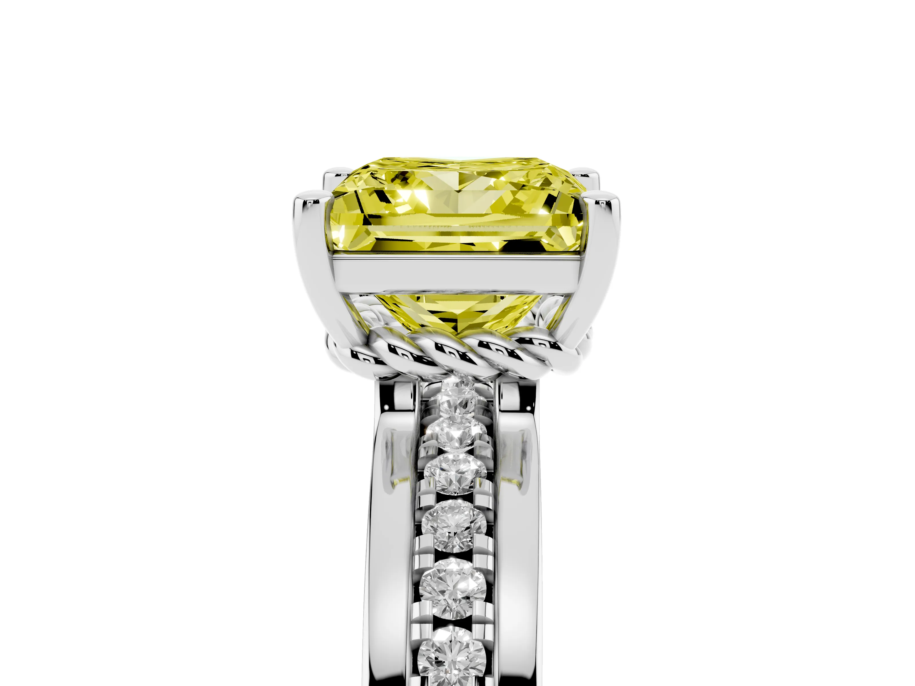 Fancy Yellow Princess Cut Diamond Solitaire Ring Set in White gold with Channel Set Band and Prong Setting