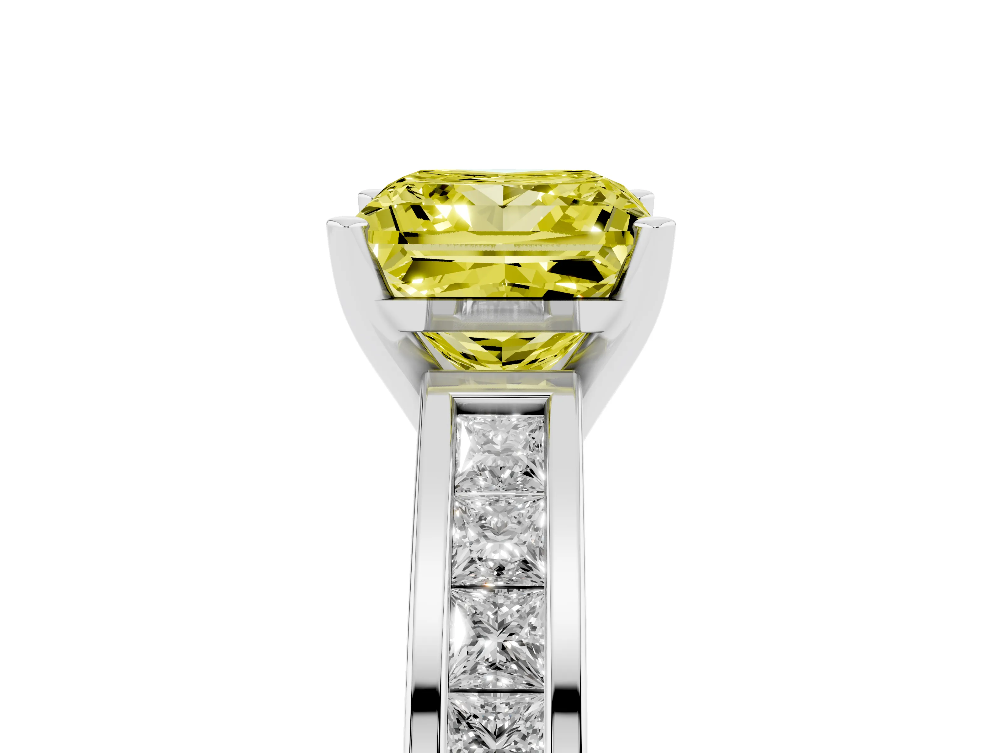 Fancy Yellow Princess Cut Diamond Solitaire Ring Set in Silver with Channel-Set Band and Prong Setting