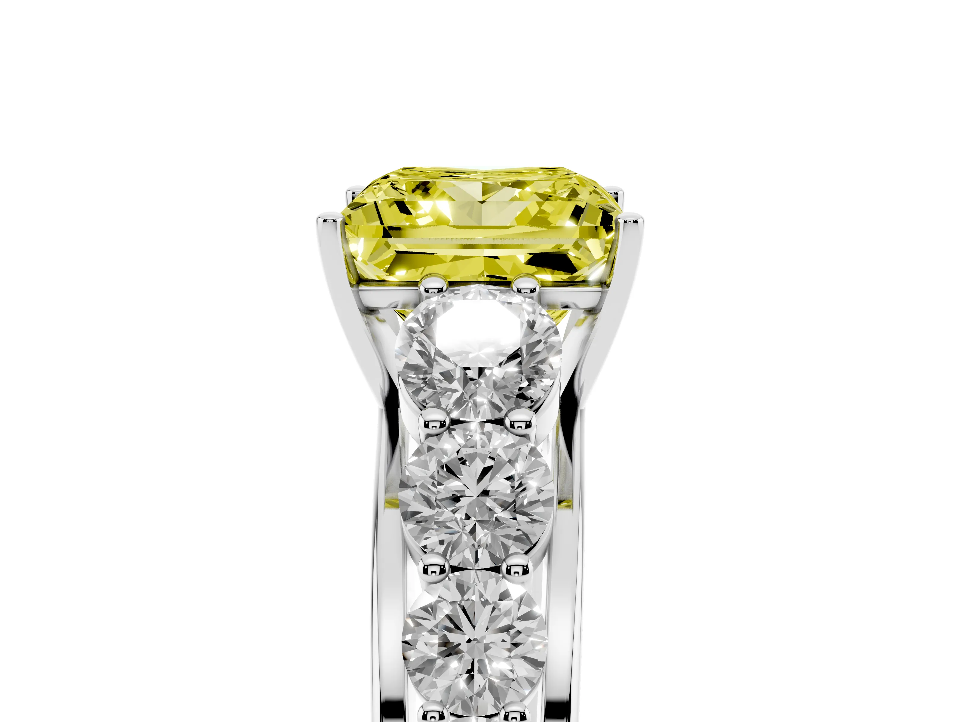 Fancy Yellow Princess Cut Diamond Solitaire Ring Set in Platinum with Pavé-Set Band and Prong Setting
