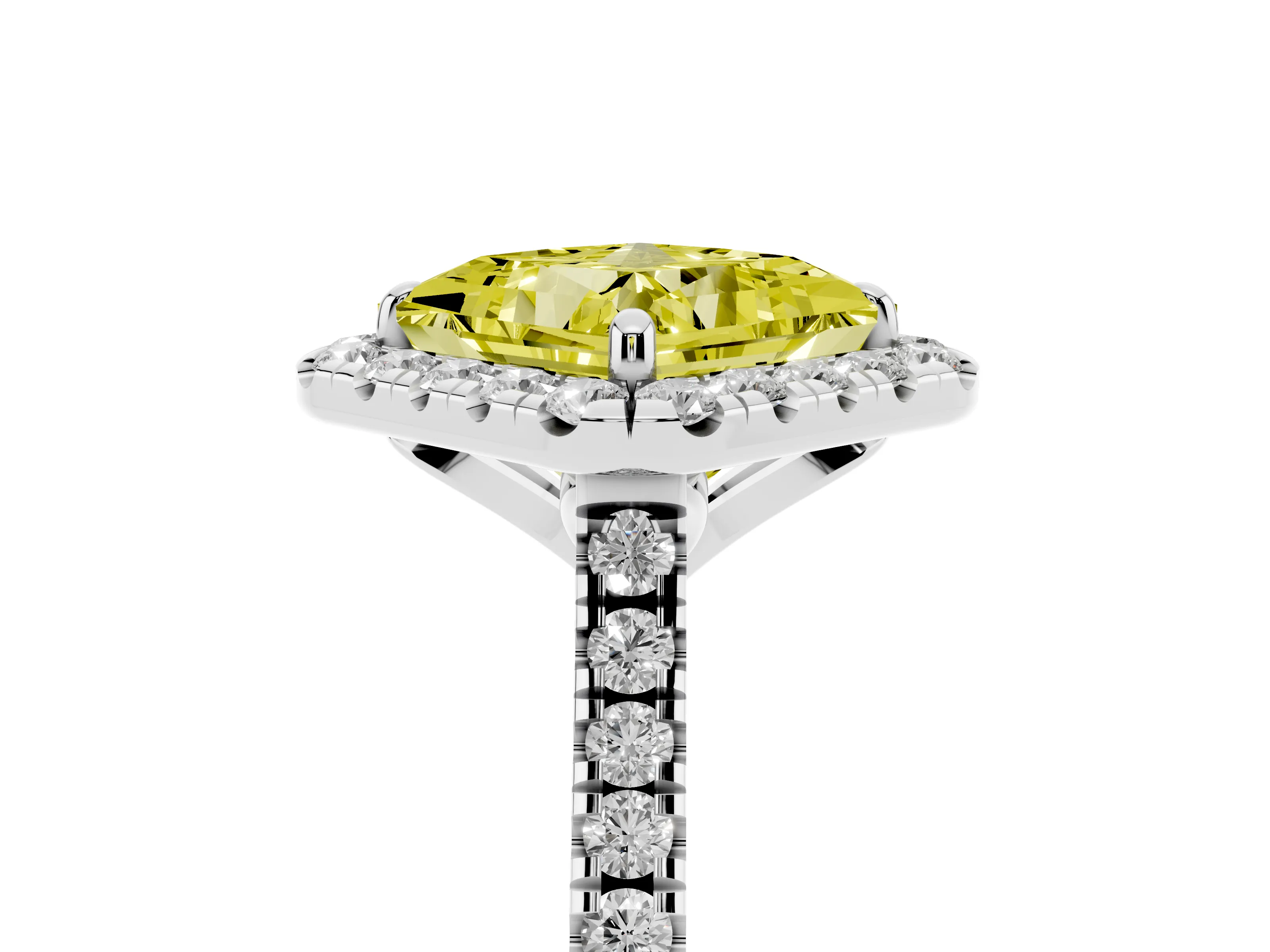 Fancy Yellow Princess Cut Diamond Cushion Halo Ring Set in White gold with Pavé Band