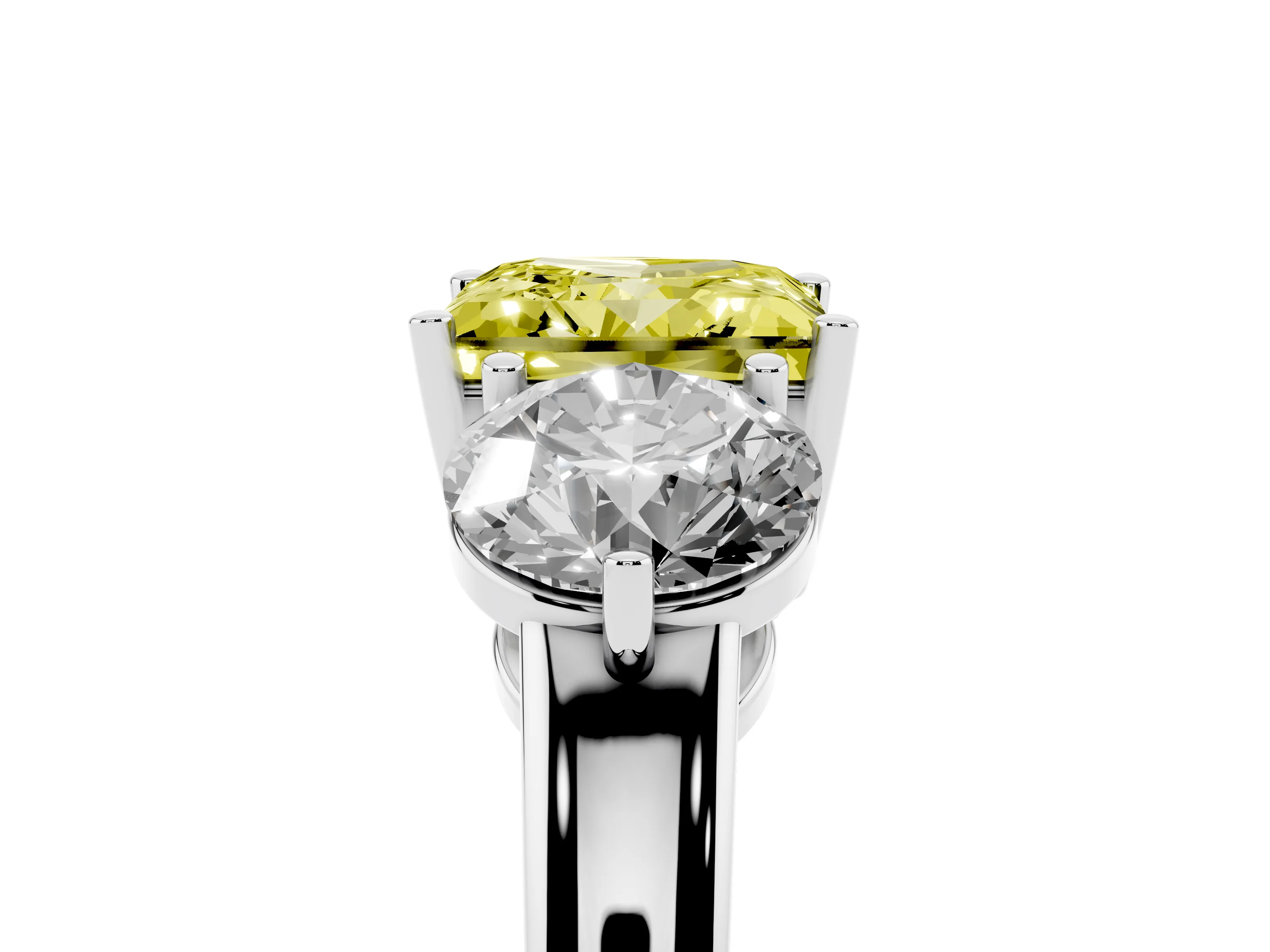 Fancy Yellow Princess Cut Diamond Three-Stone Ring Set in Platinum with Prong Setting and Plain Band