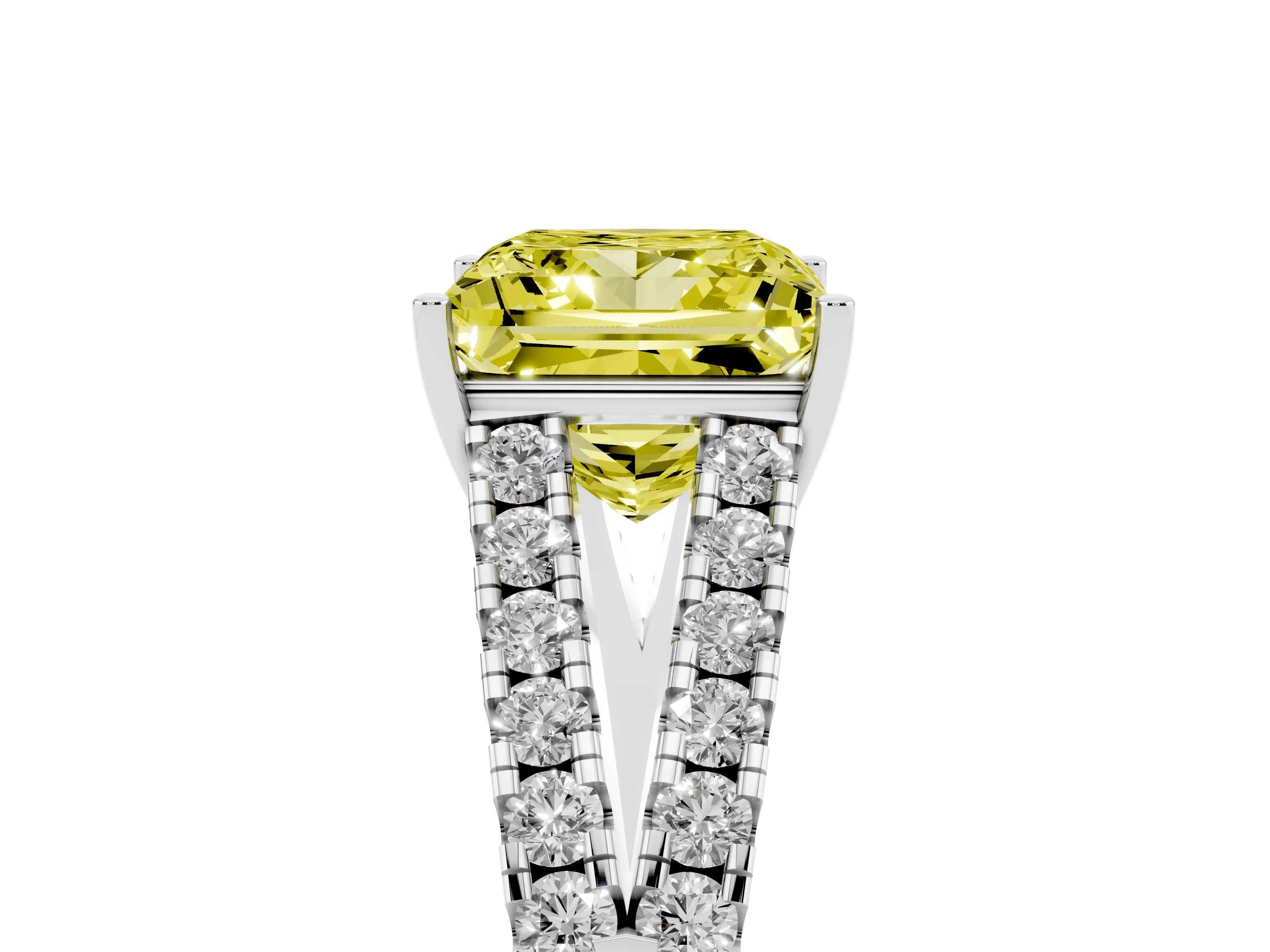 Fancy Yellow Princess Cut Diamond Split Shank Pavé Engagement Ring Set in Platinum with Prong-Held Center Stone
