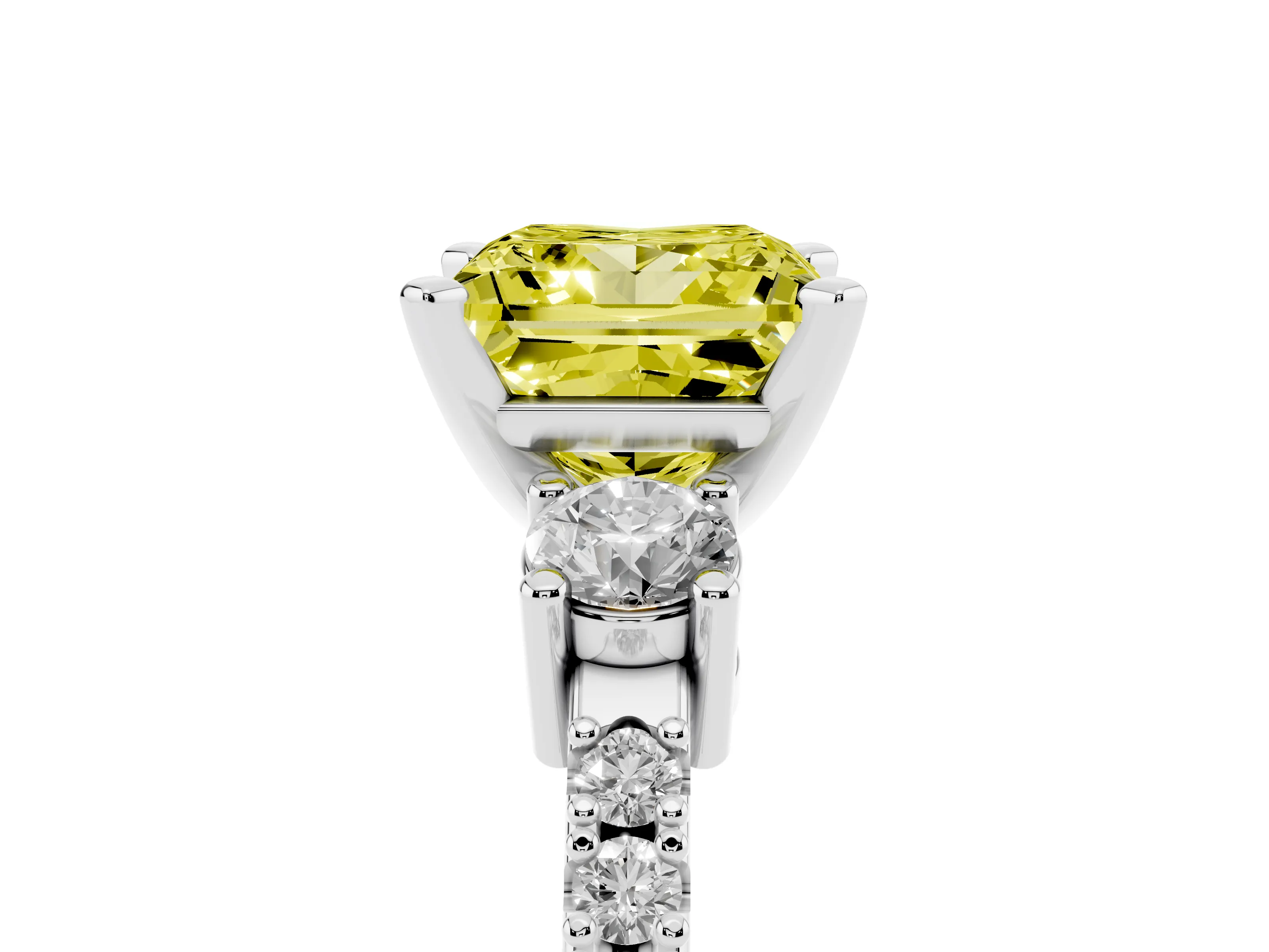 Fancy Yellow Three-Stone Princess Cut Diamond Pavé Band Ring Set in Silver with Prong Setting