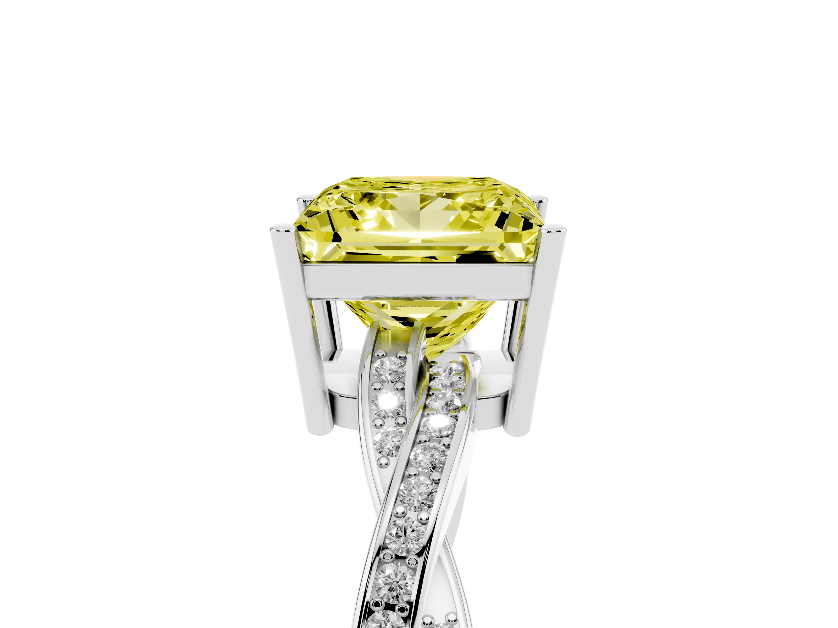 Fancy Yellow Princess Cut Diamond Solitaire Twisted Pavé Ring Set in Silver with Prong Setting
