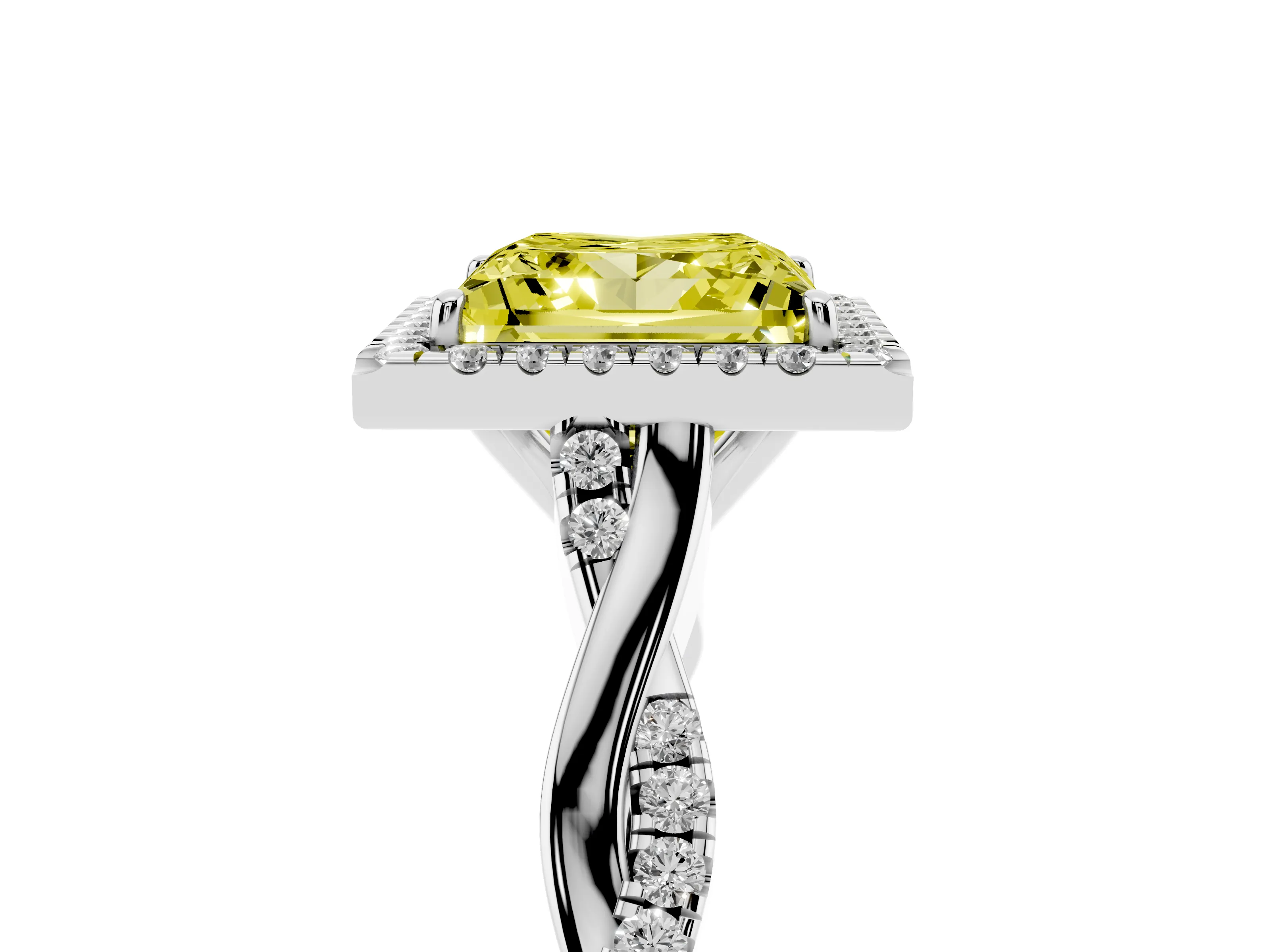 Fancy Yellow Princess Cut Diamond Halo Twist Band Solitaire Ring Set in Platinum with Prong Setting