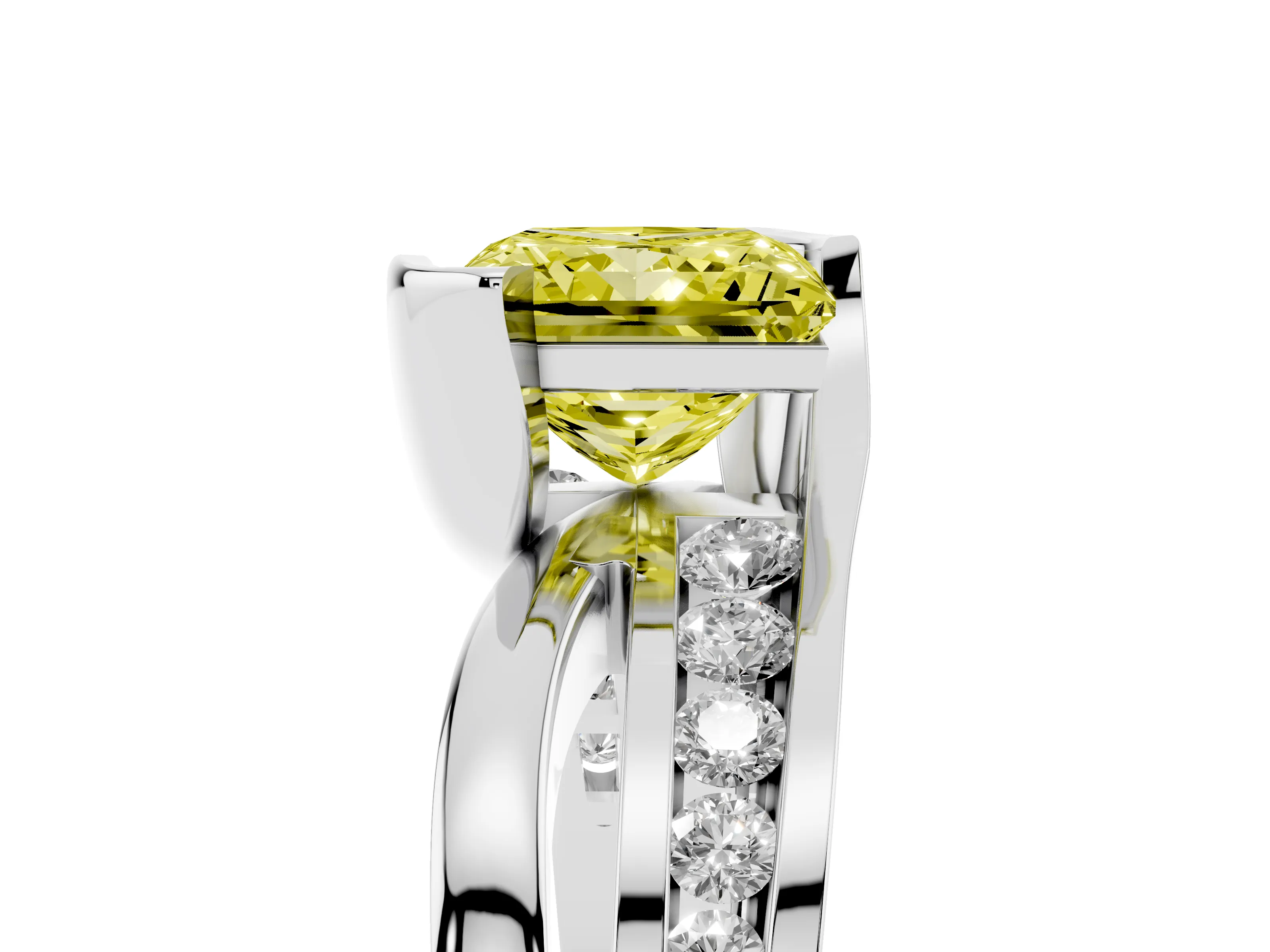 Fancy Yellow Princess Cut Diamond Solitaire Ring Set in Platinum with Channel Set Split Shank and Tension Prongs