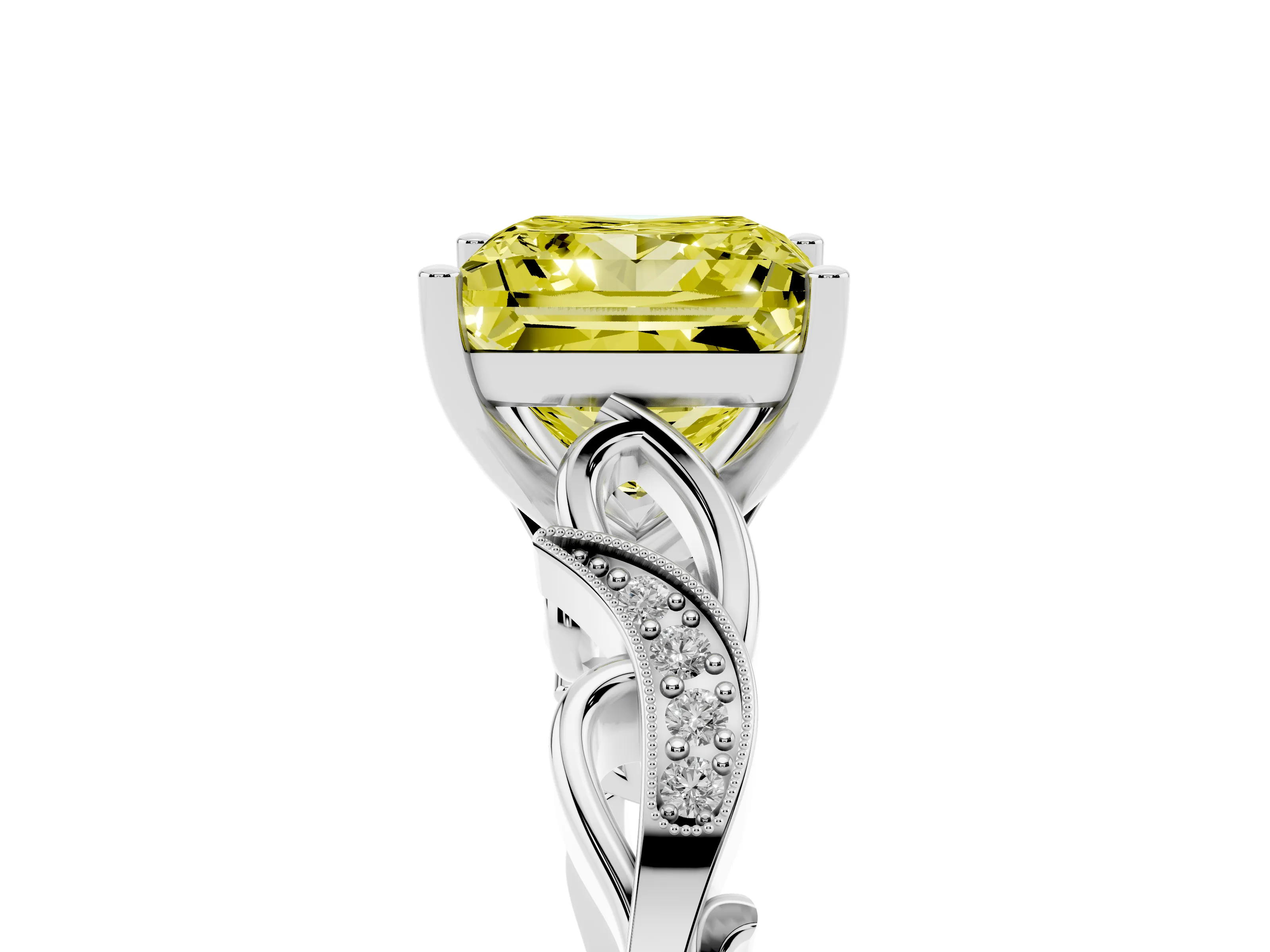 Fancy Yellow Princess Cut Diamond Vine Band Solitaire Ring Set in White gold with Milgrain Prong Setting