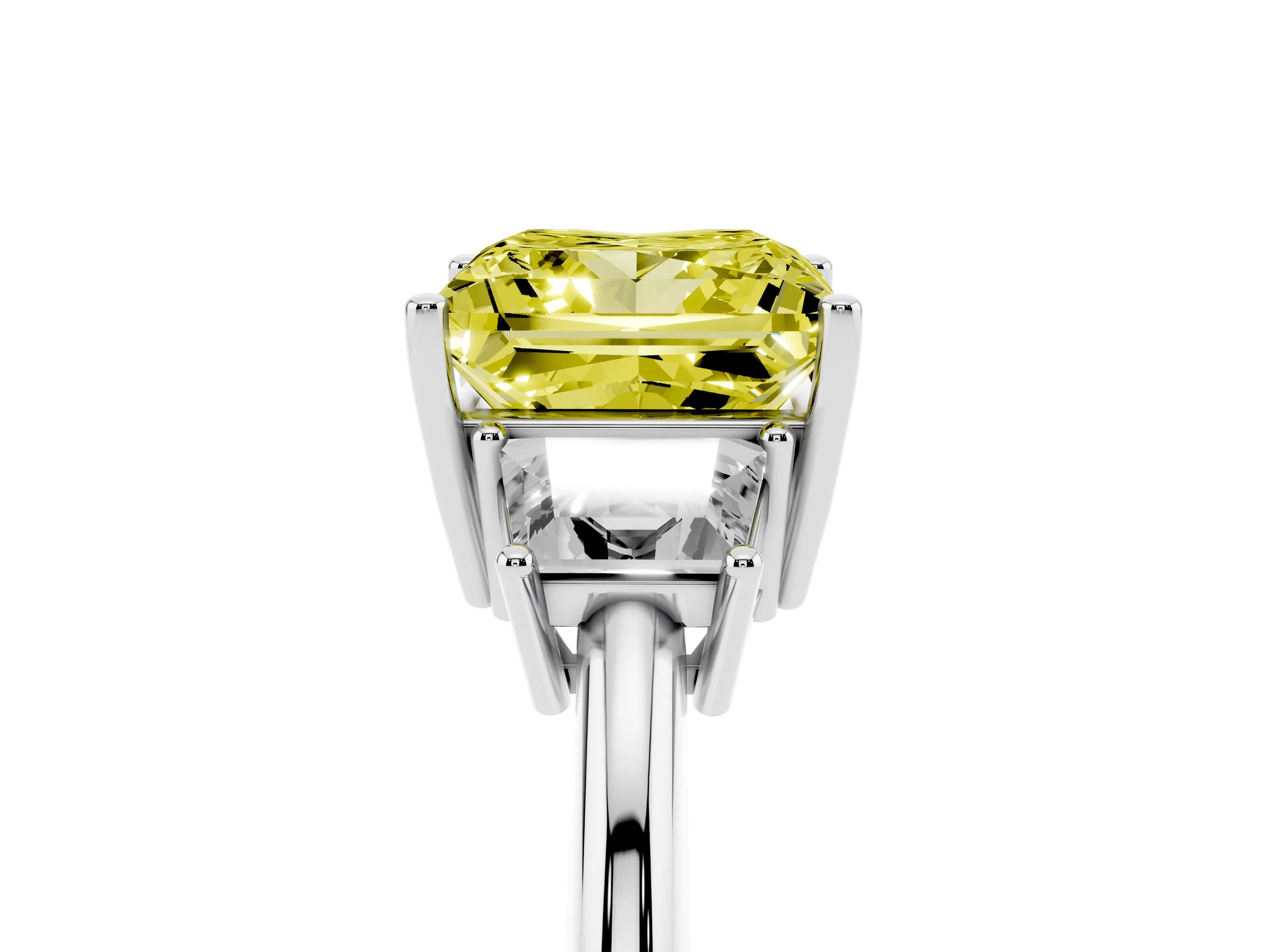 Fancy Yellow Princess Cut Diamond Three-Stone Ring Set in Silver with Trapezoid Side Stones and Prong Setting