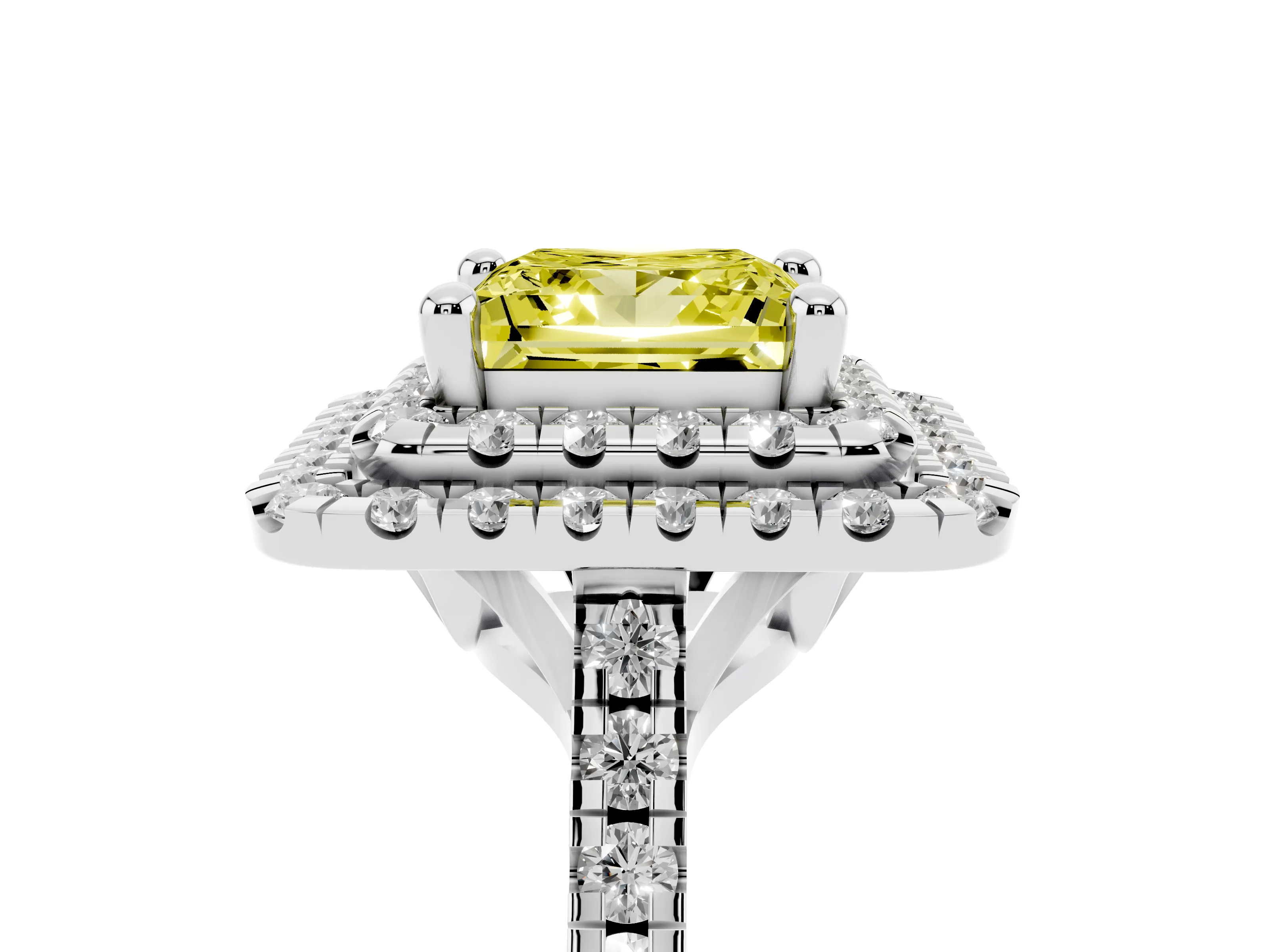 Fancy Yellow Princess Cut Diamond Double Halo Statement Ring Set in White gold with Pavé Band