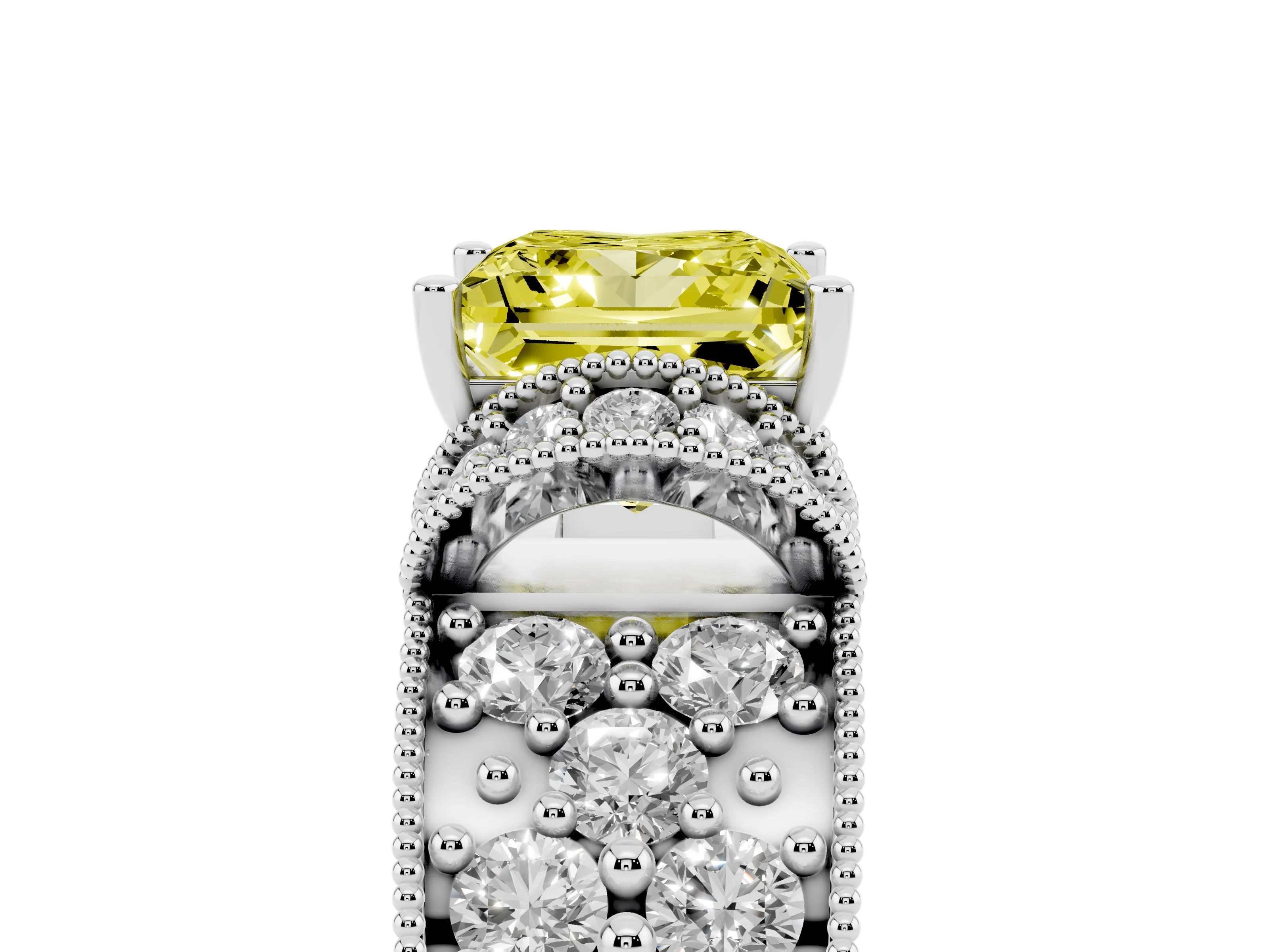 Fancy Yellow Princess Cut Diamond Milgrain Halo Pavé Engagement Ring Set in Silver with Prong Setting