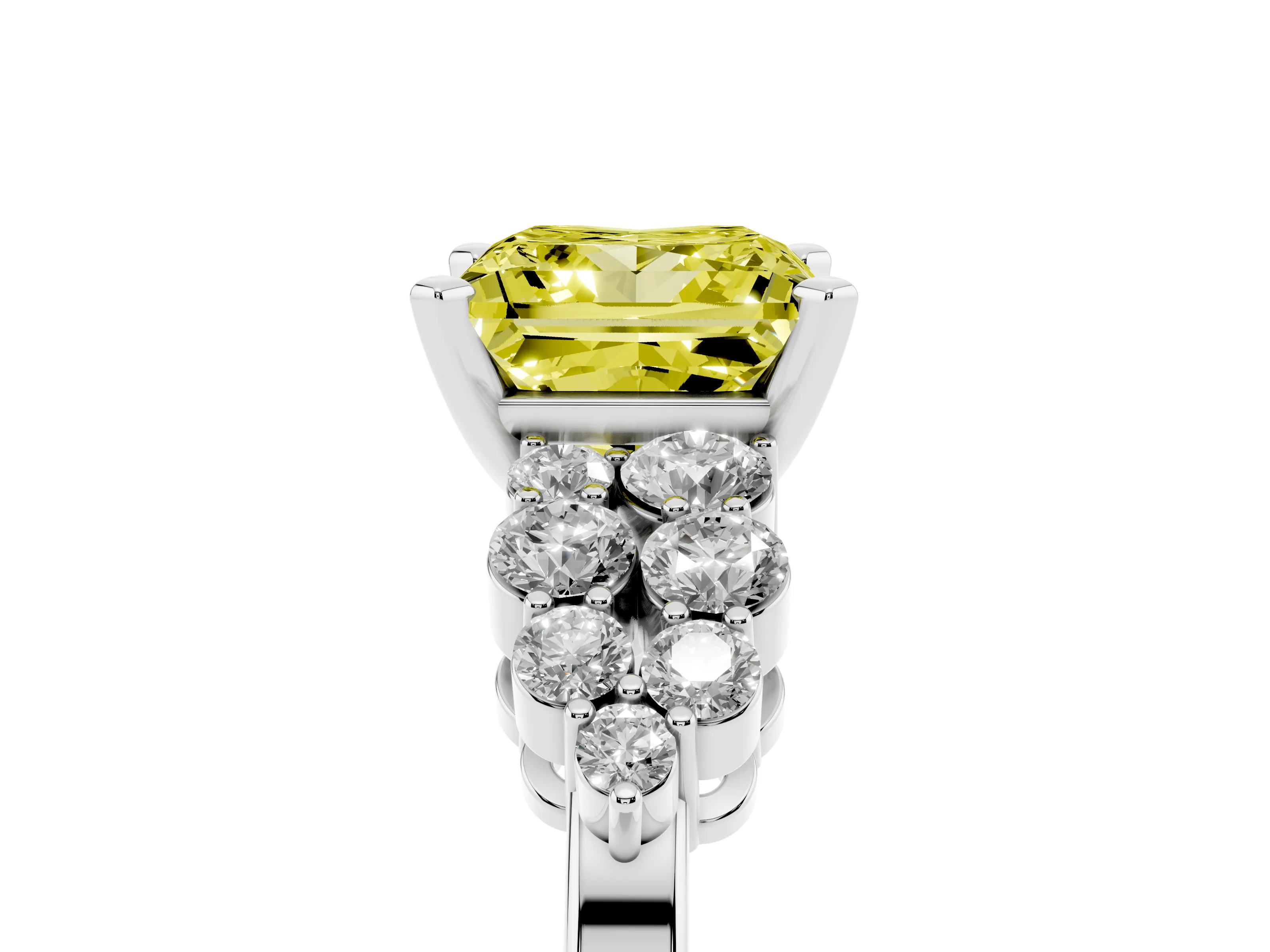 Fancy Yellow Princess Cut Diamond Cluster Engagement Ring Set in Platinum with Pavé Band and Prong Setting