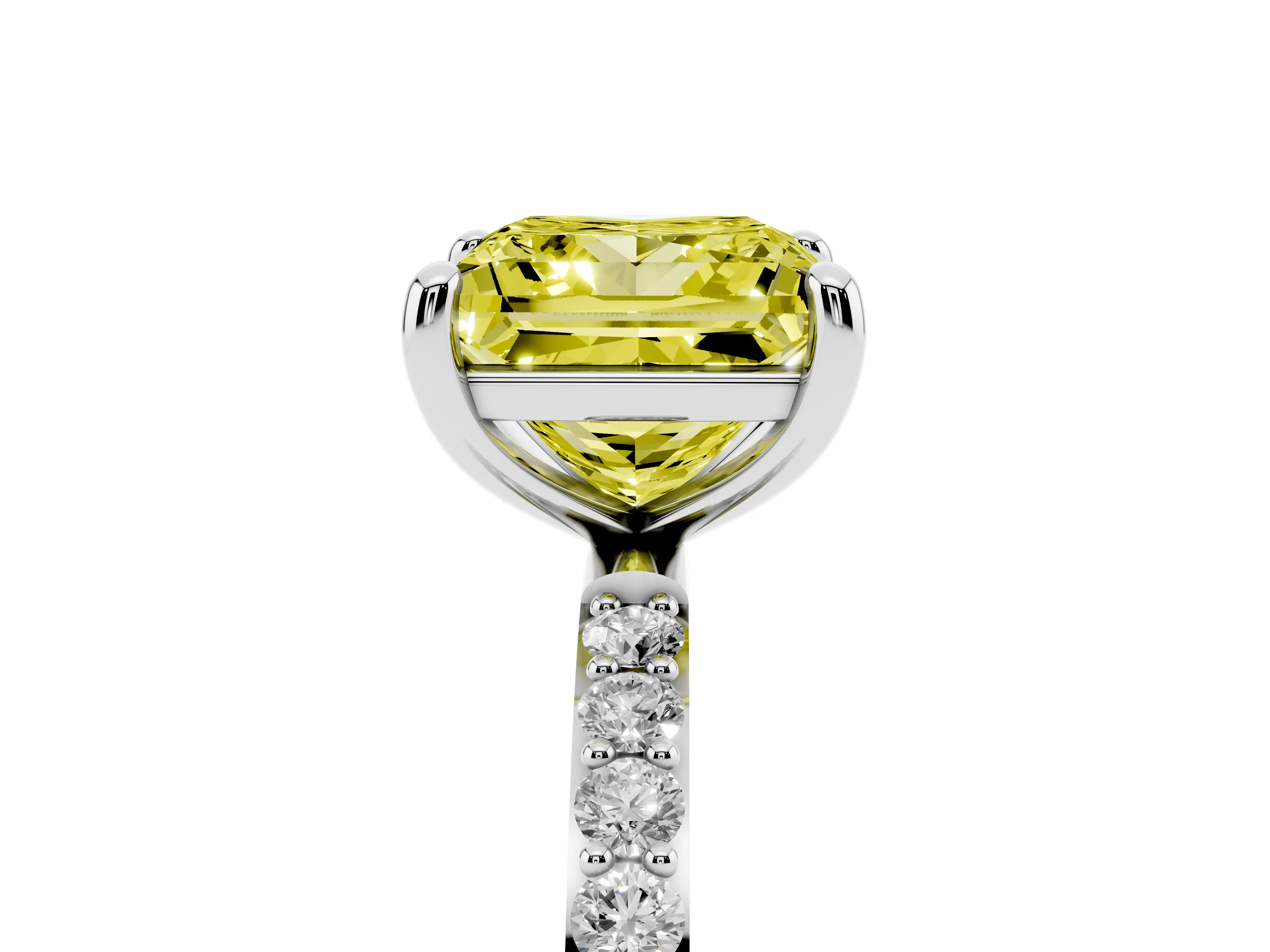 Fancy Yellow Princess Cut Diamond Solitaire Ring Set in White gold with Round Pavé Band and Prong Setting
