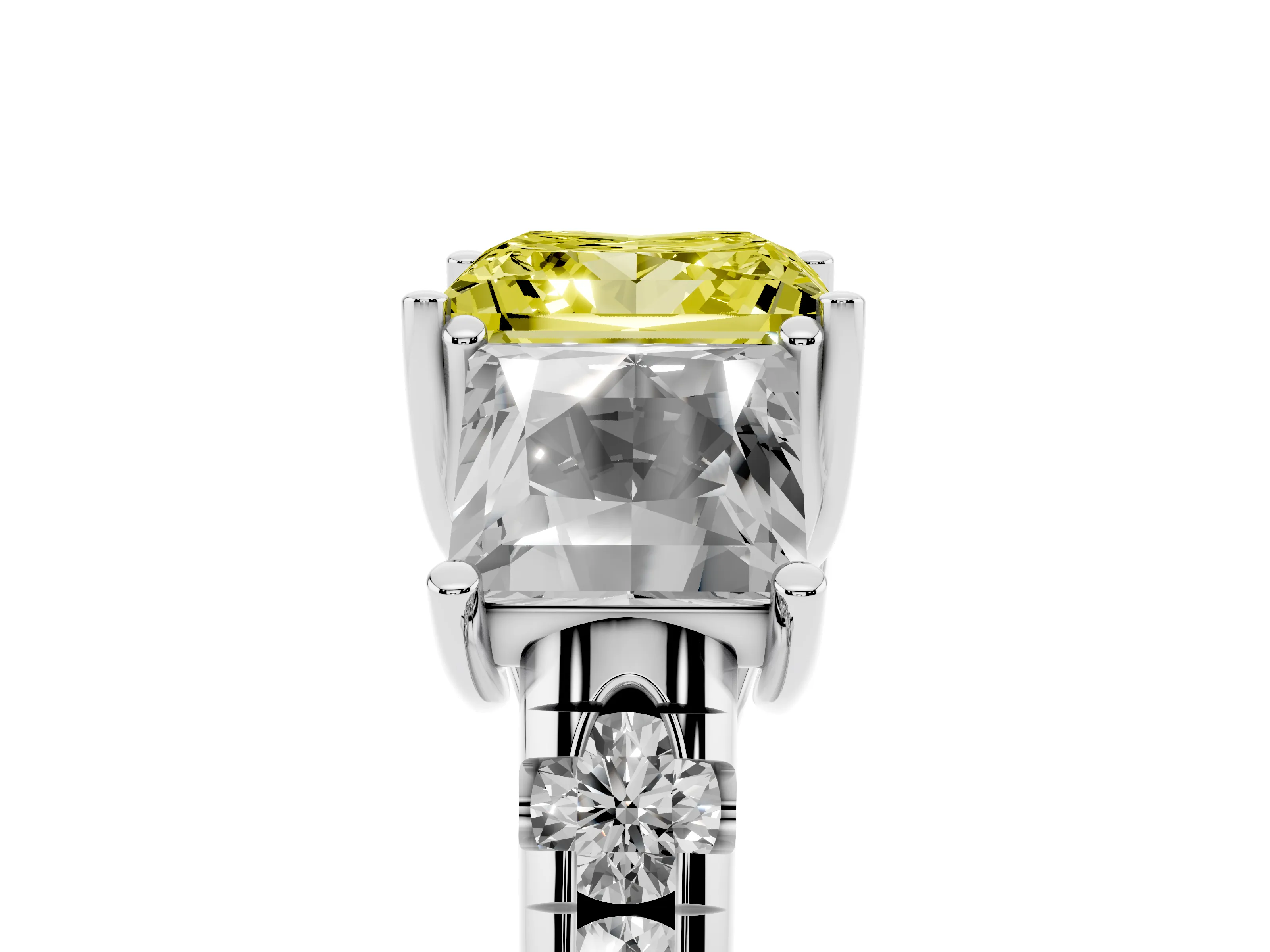 Fancy Yellow Princess Cut Diamond Three-Stone Ring Set in White gold with Pavé Band