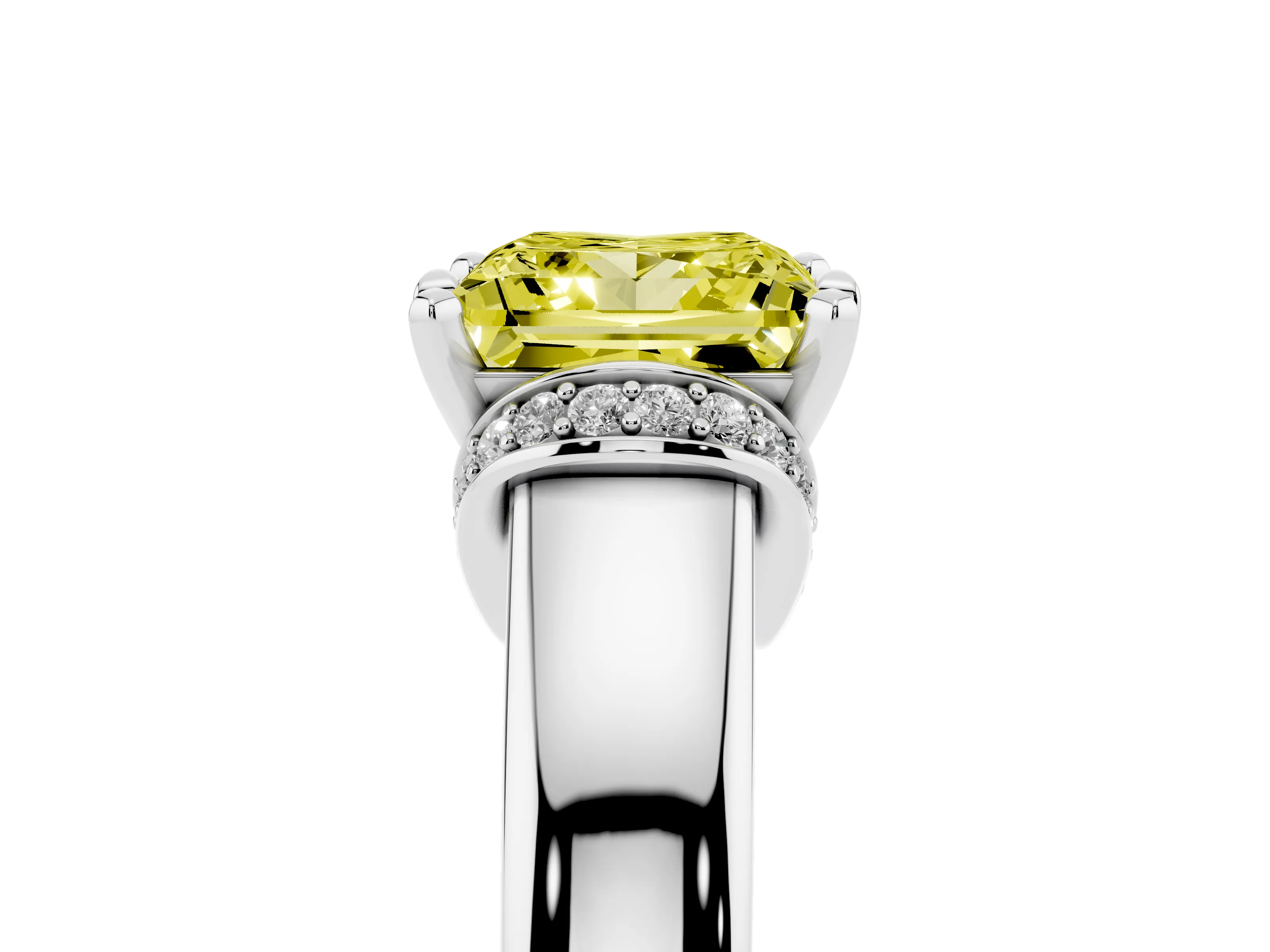 Fancy Yellow Princess Cut Diamond Pavé Band Solitaire Ring Set in Silver with Prong Setting