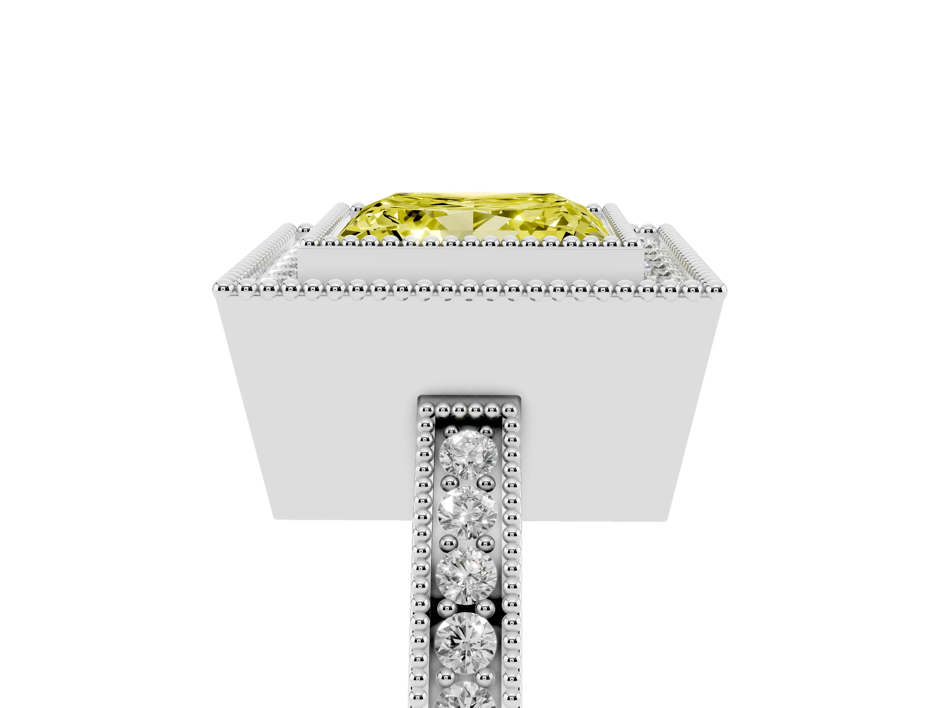 Fancy Yellow Princess Cut Diamond Halo Ring Set in White gold with Pavé Band and Milgrain-Edged Prongs