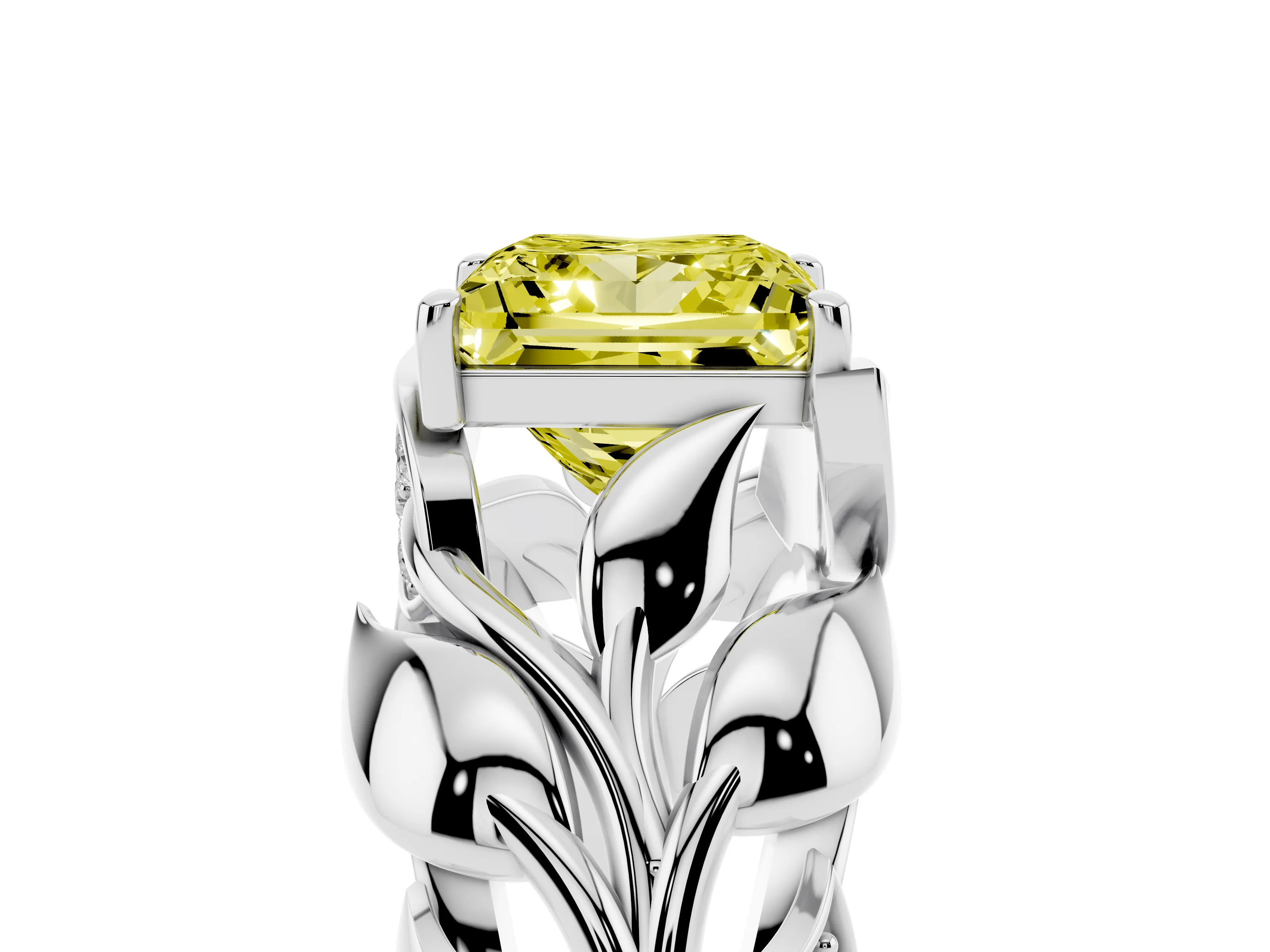 Fancy Yellow Princess Cut Diamond Leaf-Inspired Engagement Ring Set in White gold with Round Accents