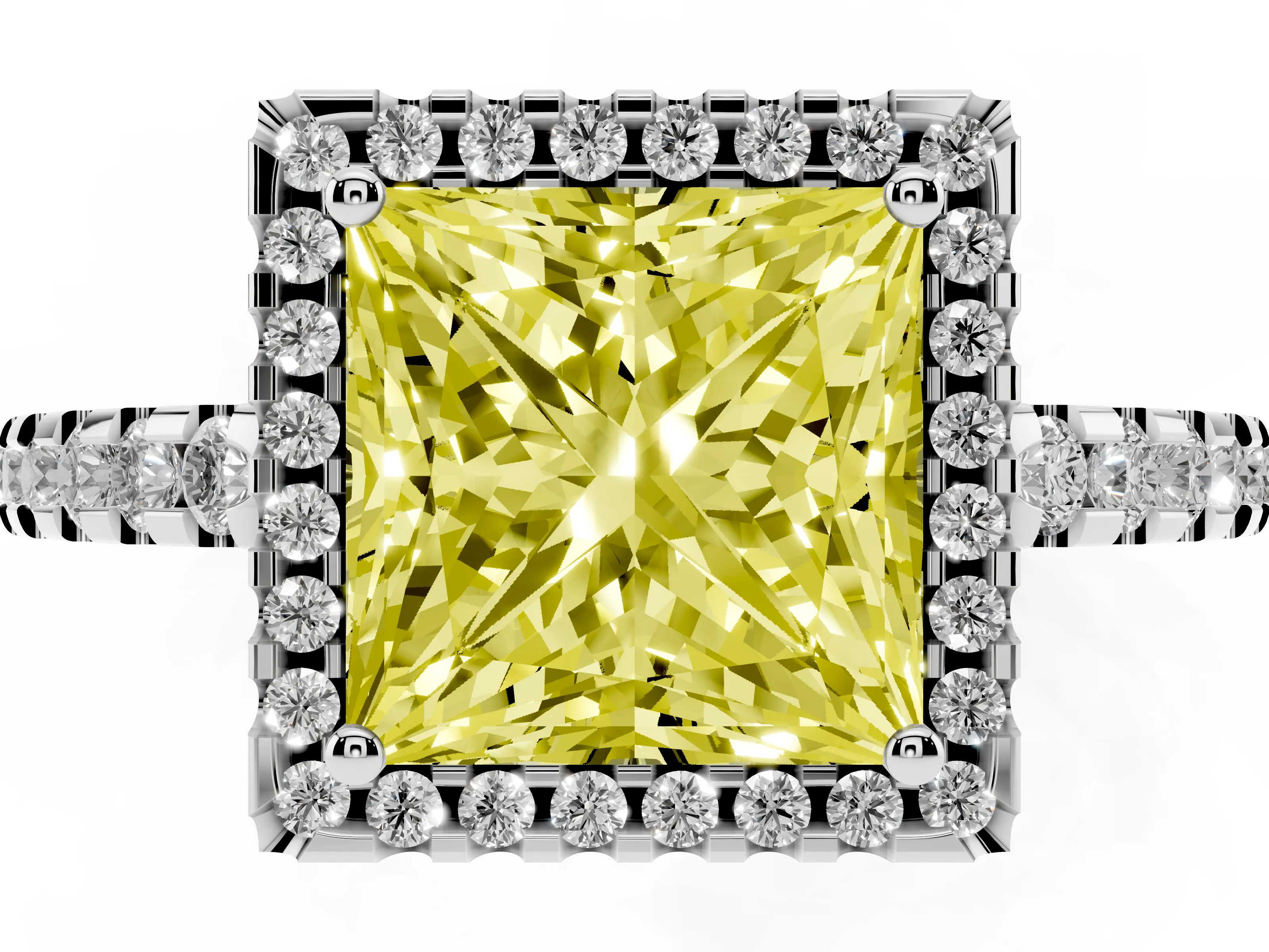 Fancy Yellow Princess Cut Diamond Halo Ring Set in White gold with Pavé Shoulders and Halo-Framed Center