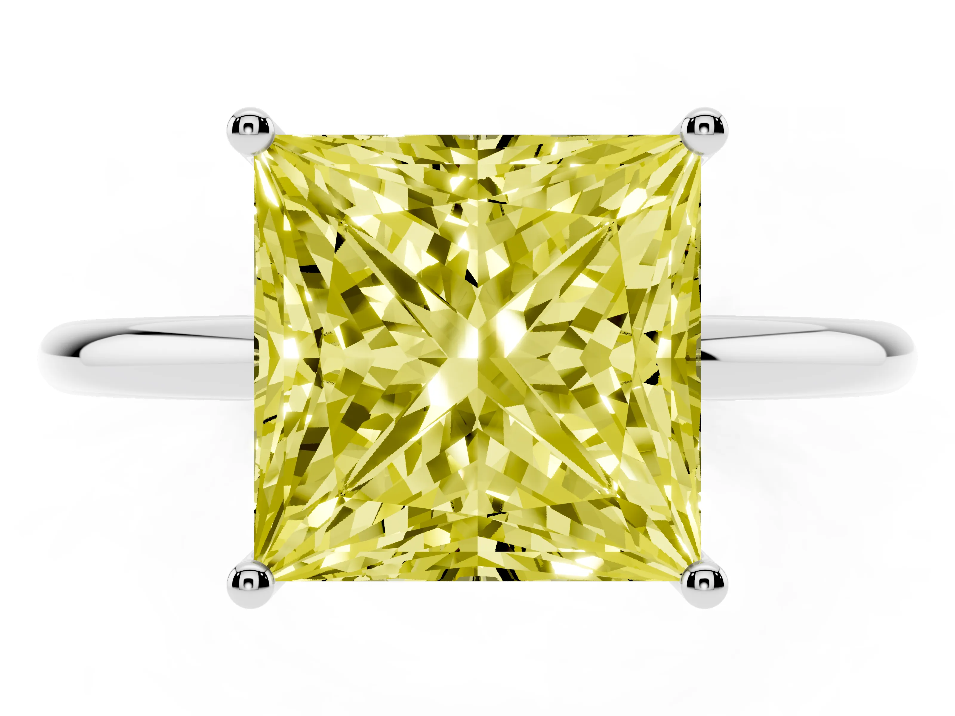 Fancy Yellow Princess Cut Diamond Solitaire Engagement Ring Set in Platinum with Thin Band and Prong Setting