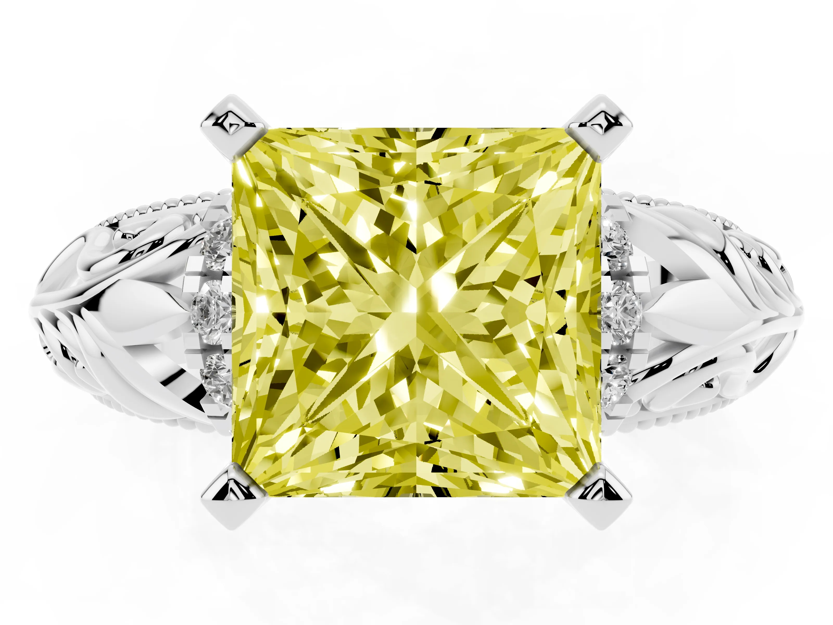 Fancy Yellow Princess Cut Diamond Filigree Halo Engagement Ring Set in White gold with Prong Setting