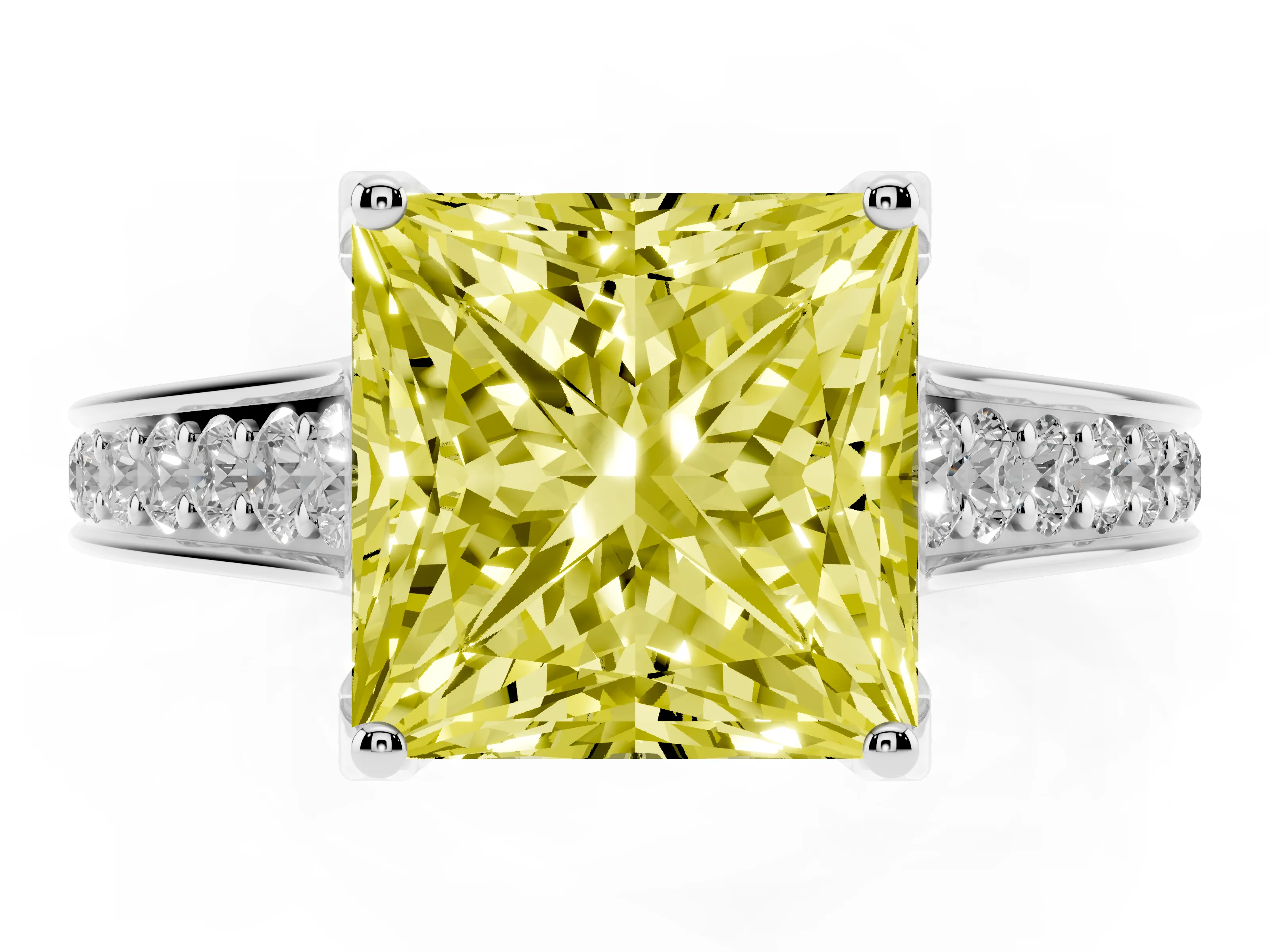 Fancy Yellow Princess Cut Diamond Solitaire Pavé Engagement Ring Set in Silver with Prong Setting